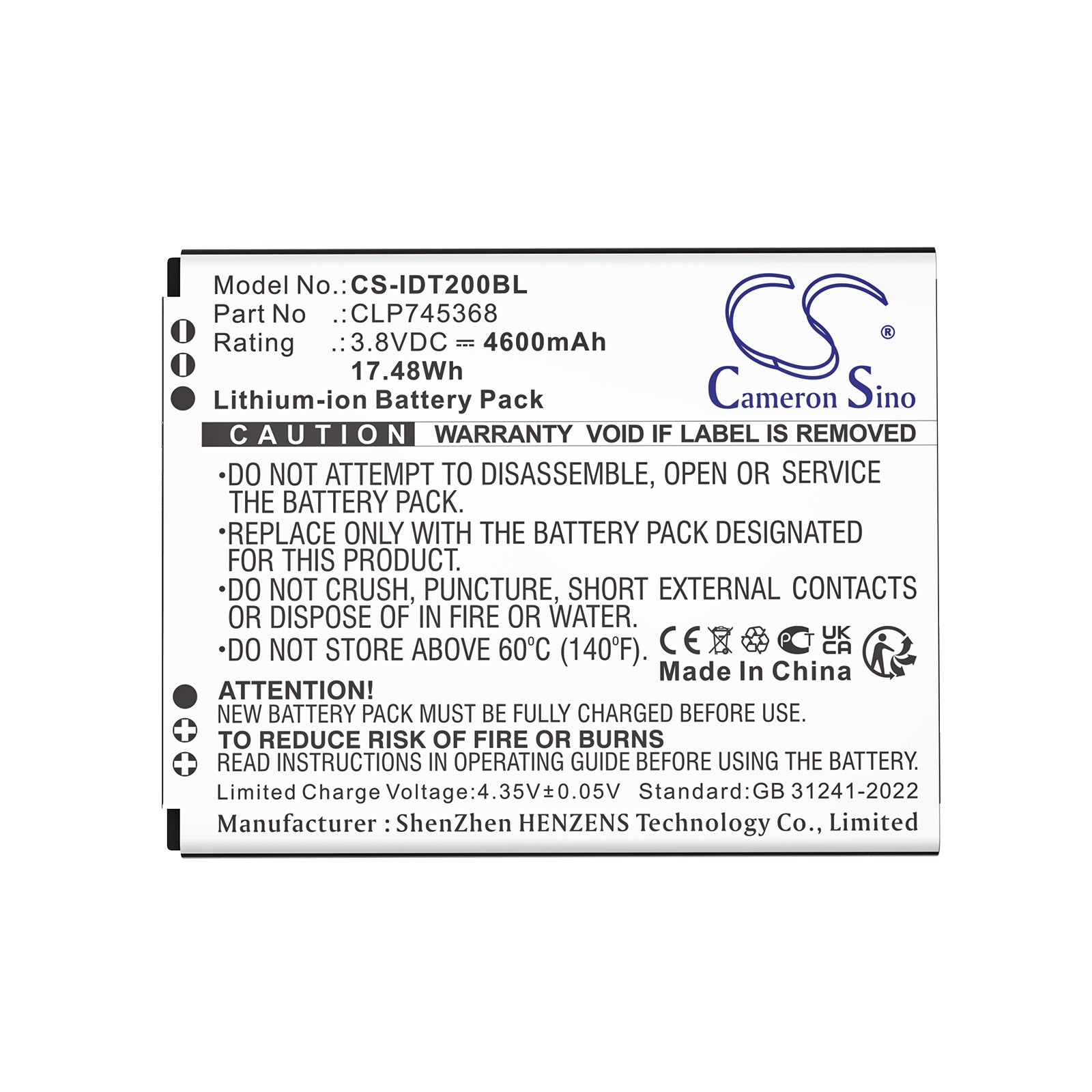 3.8V, Li-ion, 4600mAh, Battery fits IDATA T3, X2P, 17.48Wh Barcode Scanner Cameron Sino Technology Limited