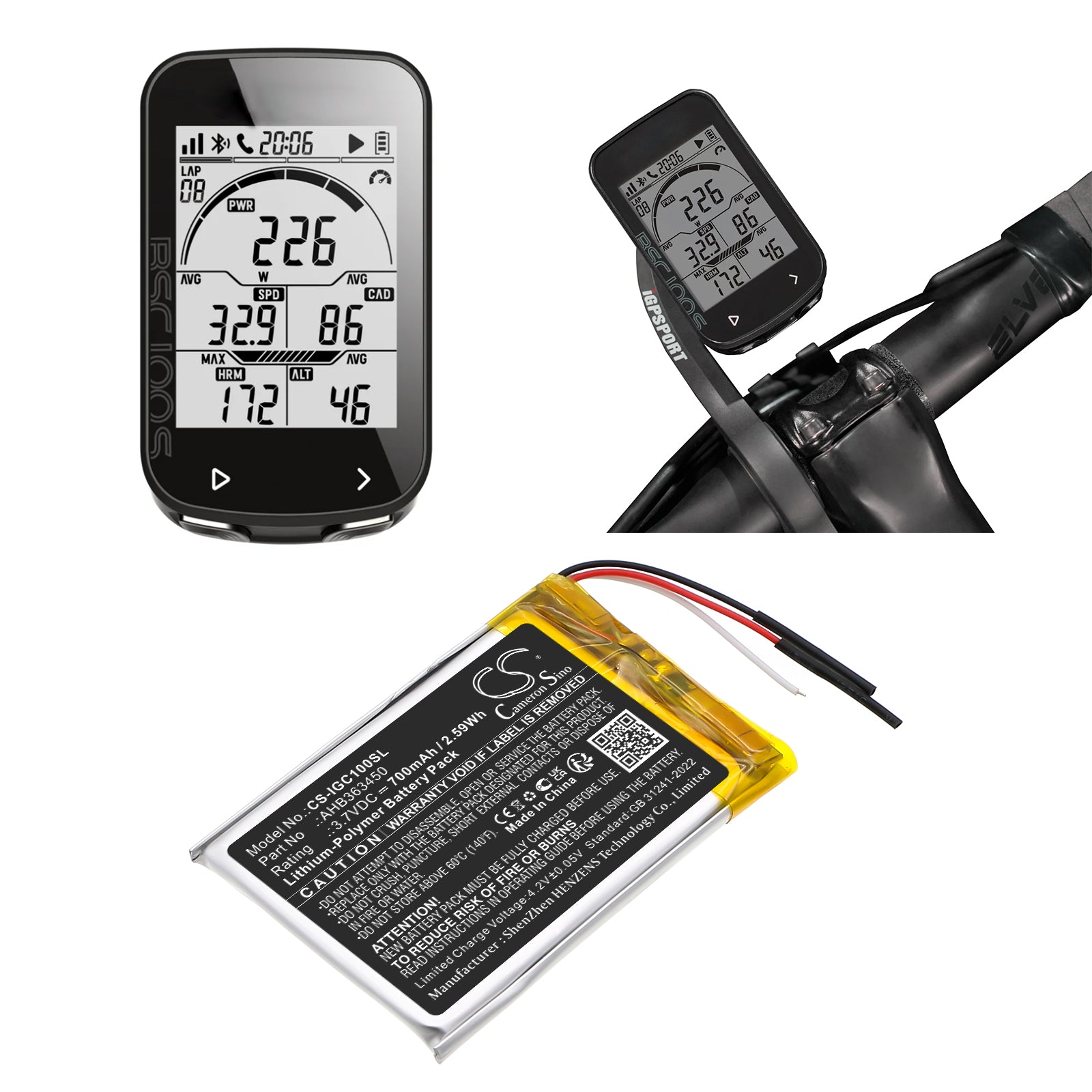 3.7V, Li-Polymer, 700mAh, Battery fits iGpsport BSC100, BSC100S, 2.59Wh GPS, Navigator Cameron Sino Technology Limited
