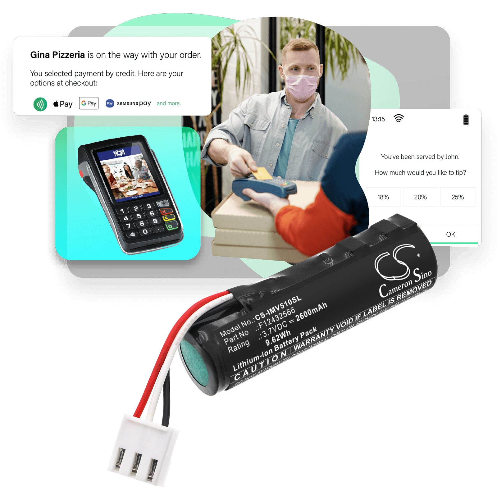 3.7V, Li-ion, 2600mAh, Battery fits Ingenico Move 5000 3G Bluetooth, Move 5000 3G Wifi Bluetooth, 9.62Wh Payment Terminal Cameron Sino Technology Limited