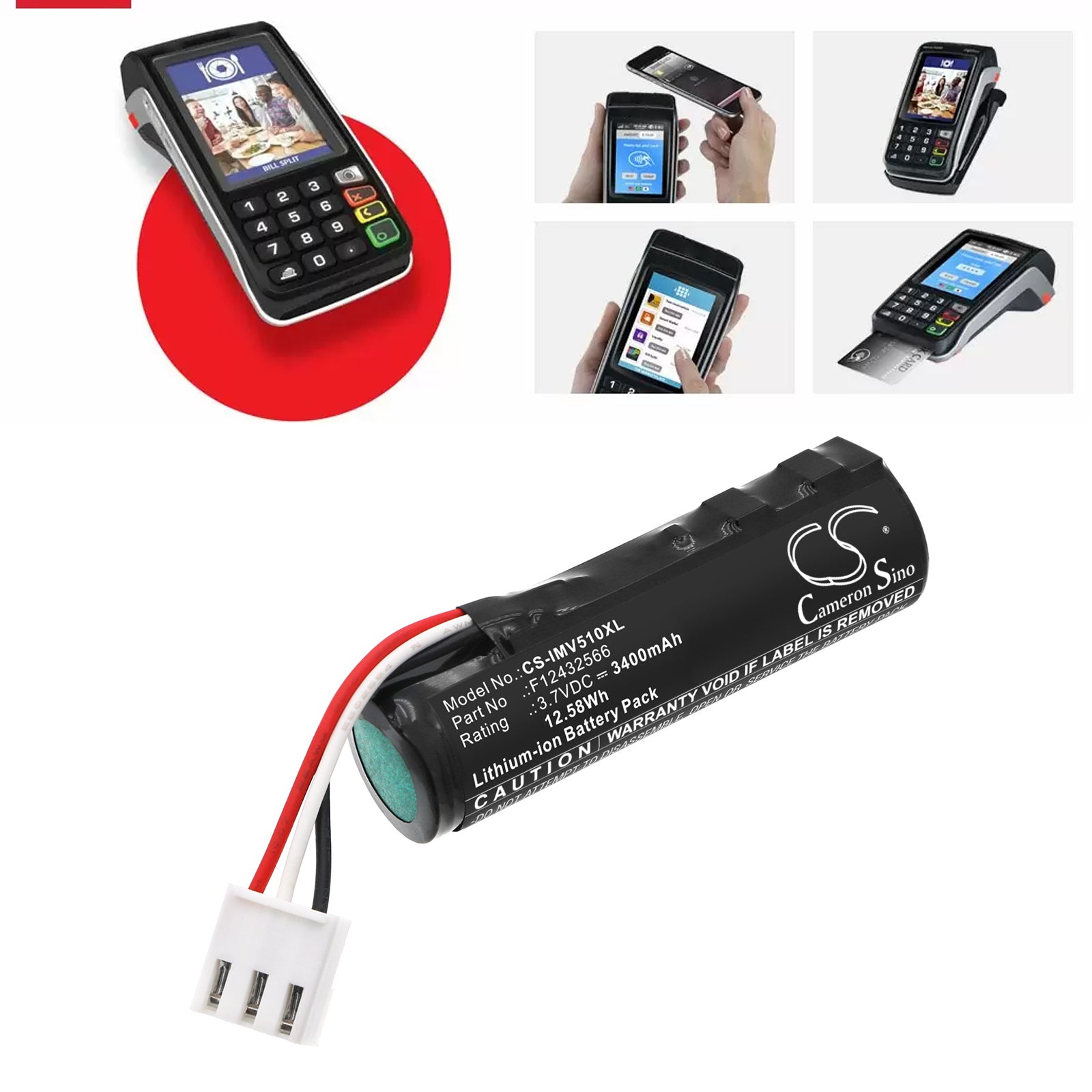 3.7V, Li-ion, 3400mAh, Battery fits Ingenico Move 5000 3G Bluetooth, Move 5000 3G Wifi Bluetooth, 12.58Wh Payment Terminal Cameron Sino Technology Limited