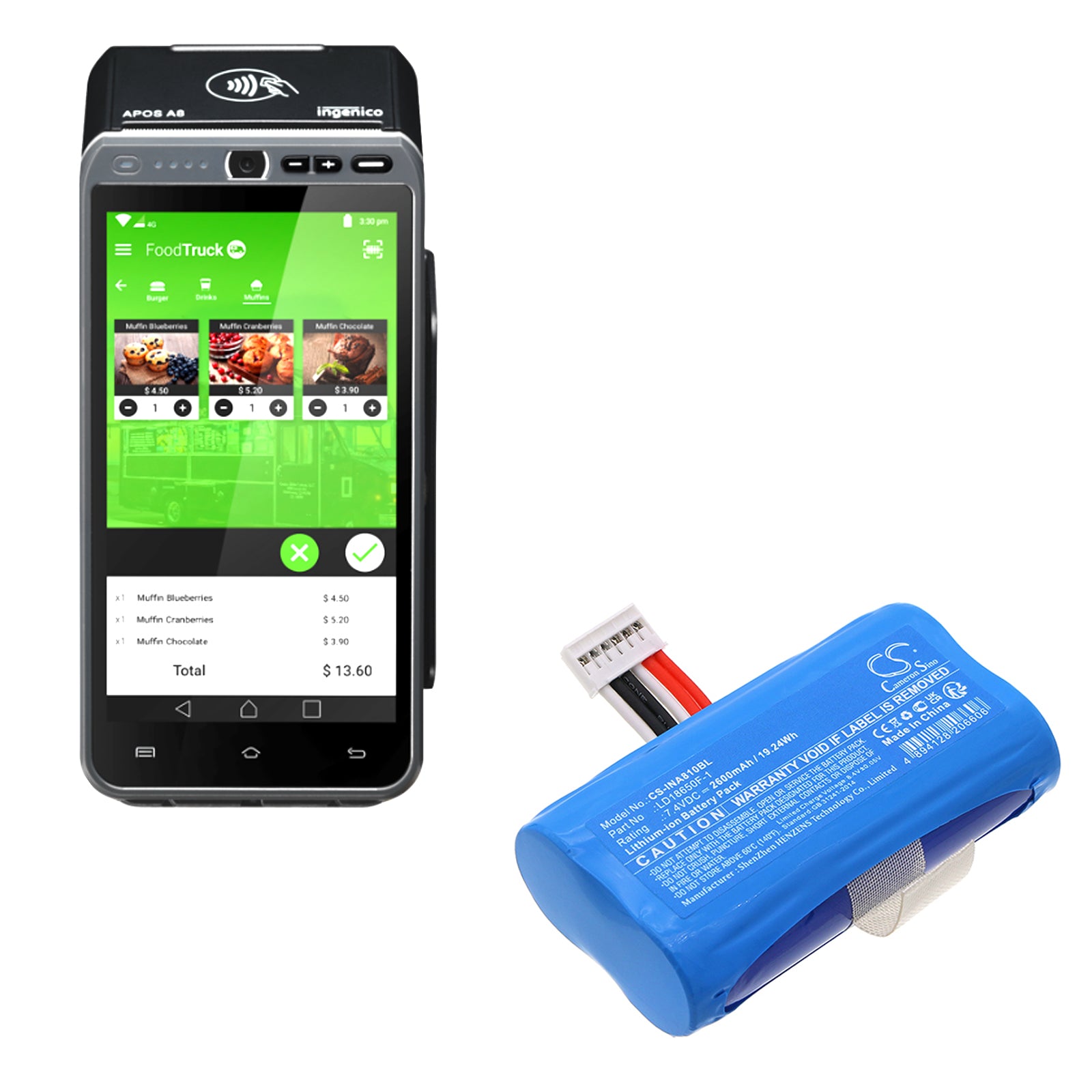Li-ion, Payment Terminal Battery fits Ingenico A8 Pro, A8 Pro-92d3, 7.4V, 2600mAh Payment Terminal Cameron Sino Technology Limited
