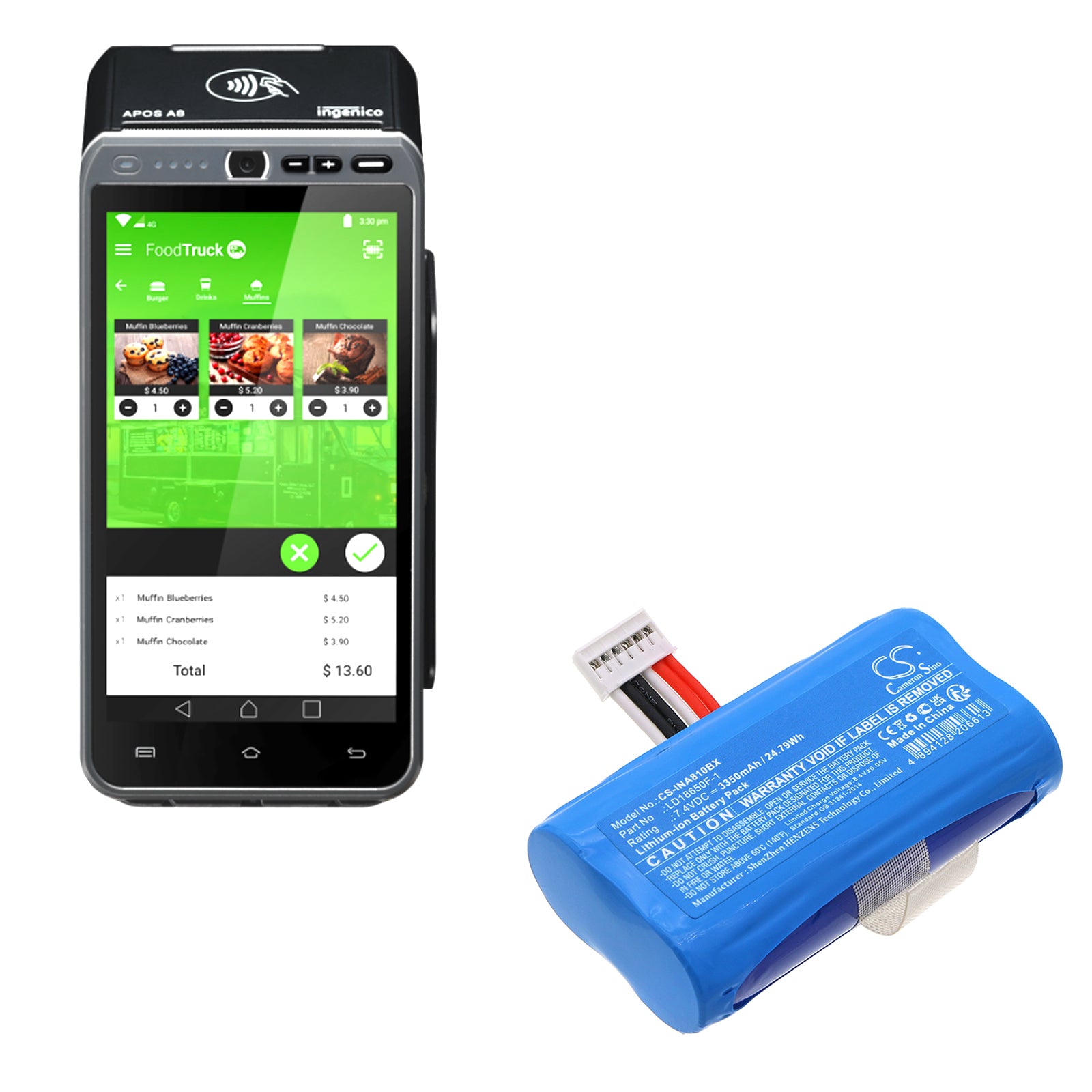 Li-ion, Payment Terminal Battery fits Landi A8 Pro, A8 Pro-92d3, 7.4V, 3350mAh Payment Terminal Cameron Sino Technology Limited