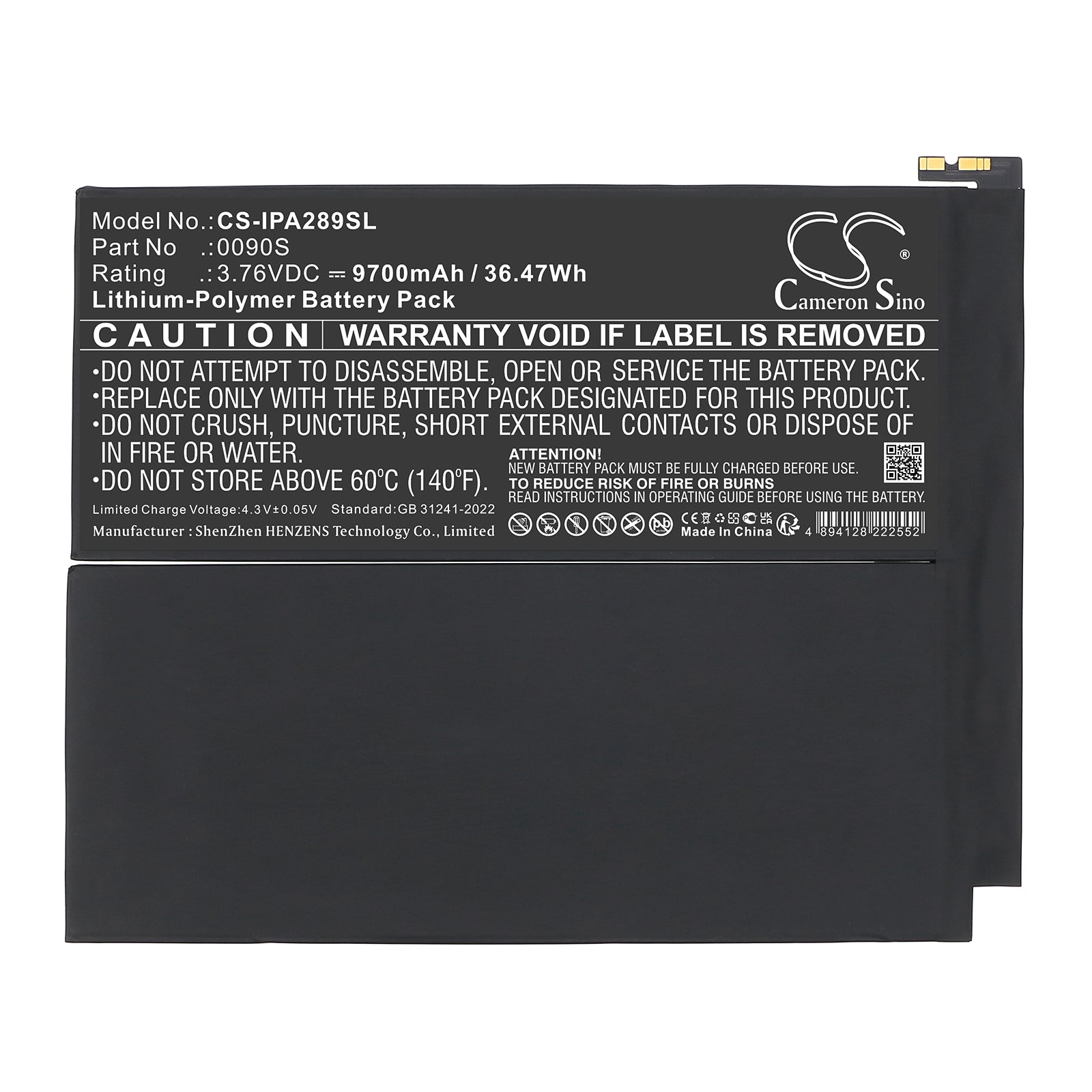 3.76V, Li-Polymer, 9700mAh, Battery fits Apple A2898, A2899, 36.47Wh Tablet Cameron Sino Technology Limited