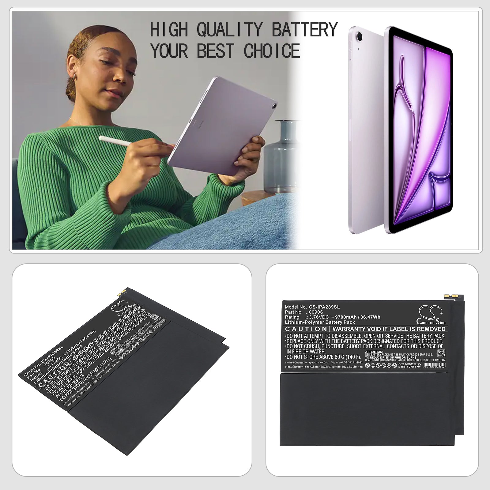 3.76V, Li-Polymer, 9700mAh, Battery fits Apple A2898, A2899, 36.47Wh Tablet Cameron Sino Technology Limited