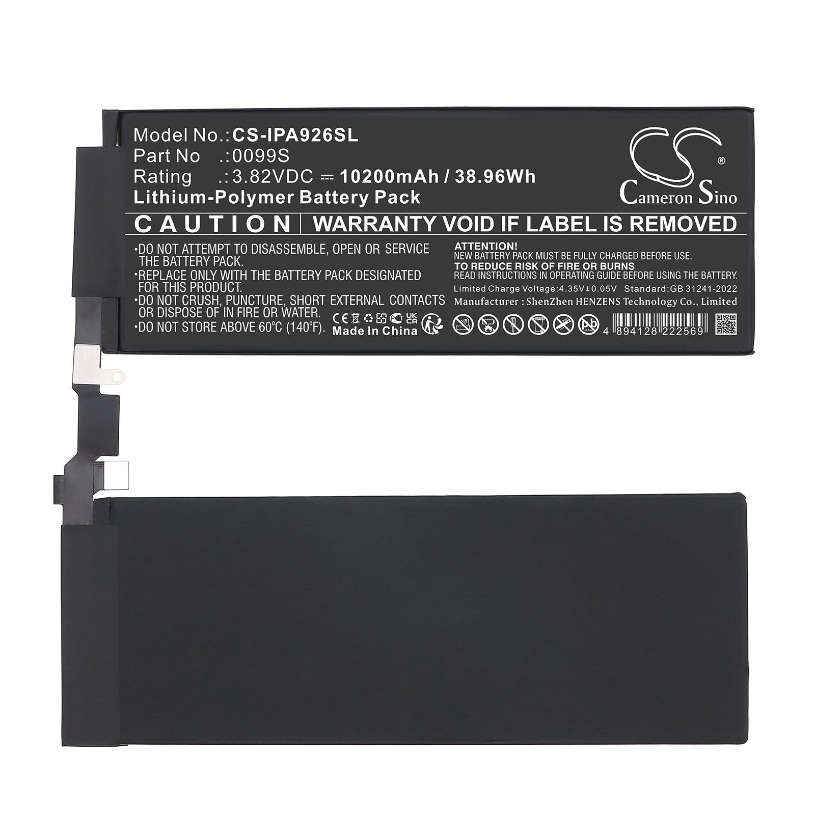 3.82V, Li-Polymer, 10200mAh, Battery fits Apple A2925, A2926, 38.96Wh Tablet Cameron Sino Technology Limited