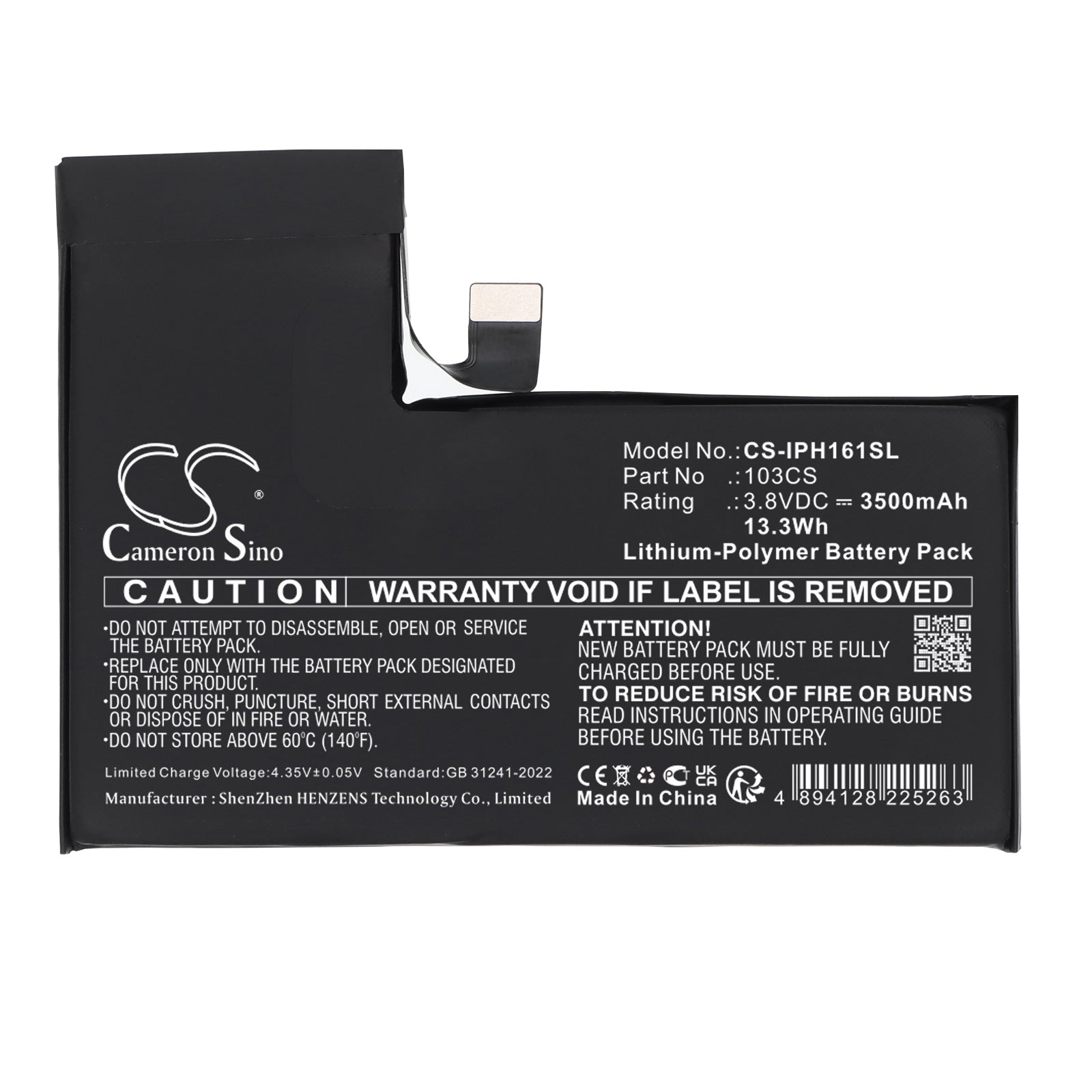 3.8V, Li-Polymer, 3500mAh, Battery fits Apple A3083, A3292, 13.3Wh Mobile, SmartPhone Cameron Sino Technology Limited