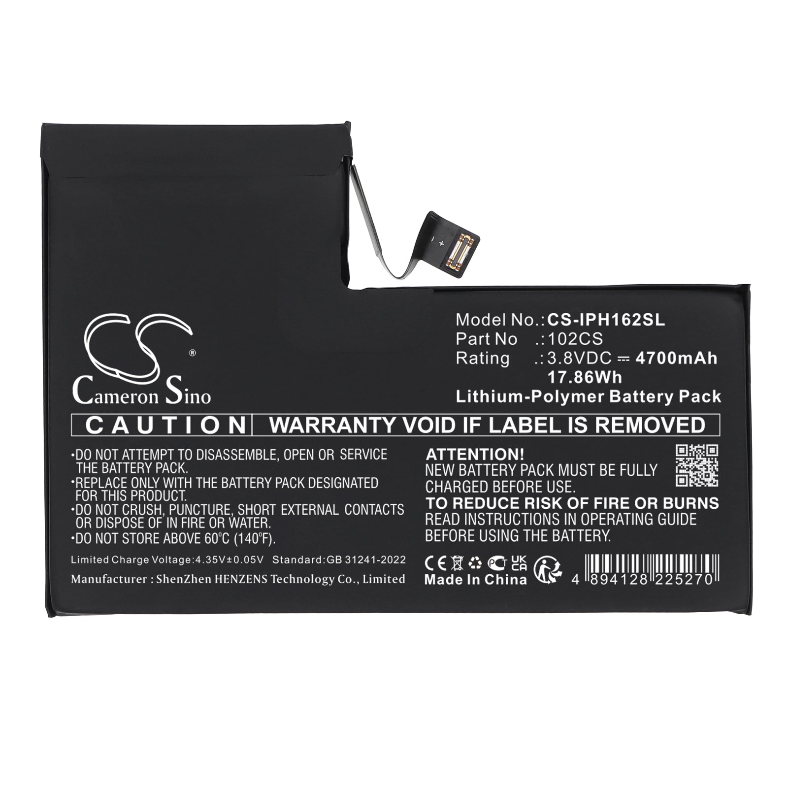 3.8V, Li-Polymer, 4700mAh, Battery fits Apple A3084 , A3295, 17.86Wh Mobile, SmartPhone Cameron Sino Technology Limited