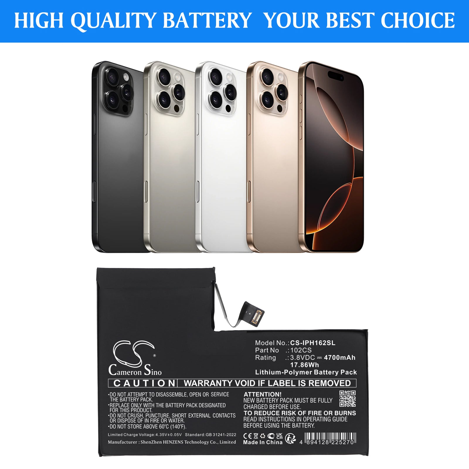 3.8V, Li-Polymer, 4700mAh, Battery fits Apple A3084 , A3295, 17.86Wh Mobile, SmartPhone Cameron Sino Technology Limited