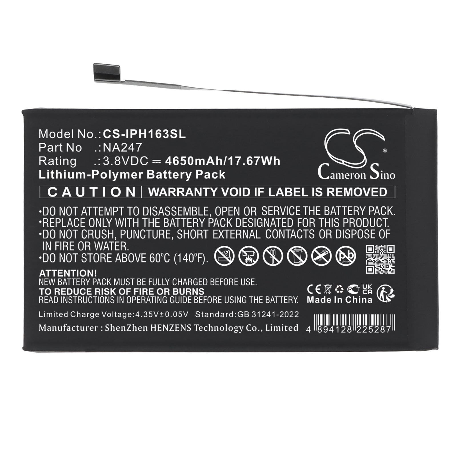 3.8V, Li-Polymer, 4650mAh, Battery fits Apple A3082, A3289, 17.67Wh Mobile, SmartPhone Cameron Sino Technology Limited