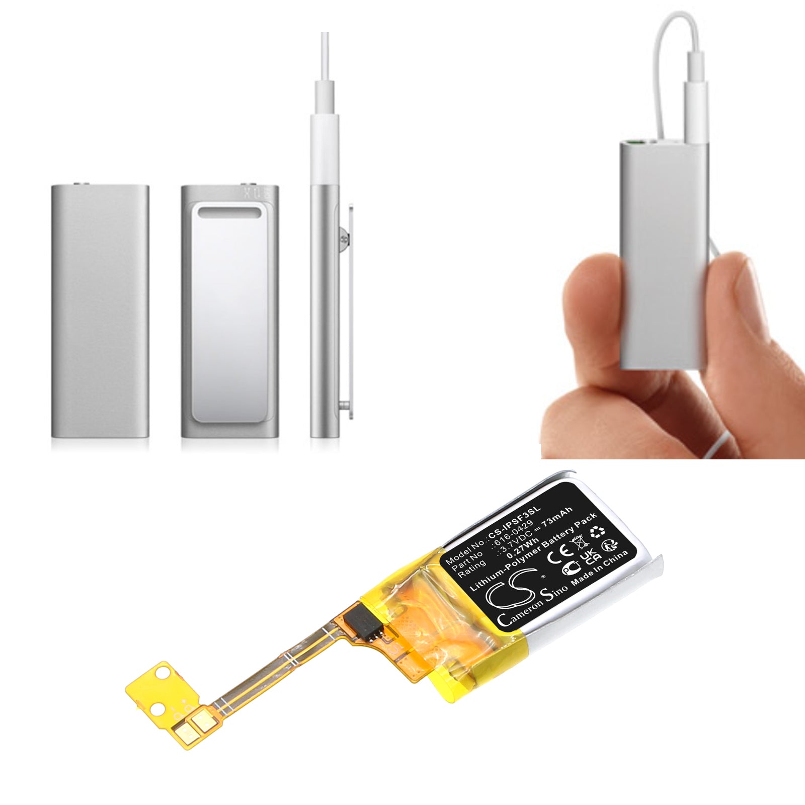 3.7V, Li-Polymer, 73mAh, Battery fits Apple iPOD ipod shuffle 3rd, ipod shuffle 3rd generation, 0.27Wh Media Player Cameron Sino Technology Limited