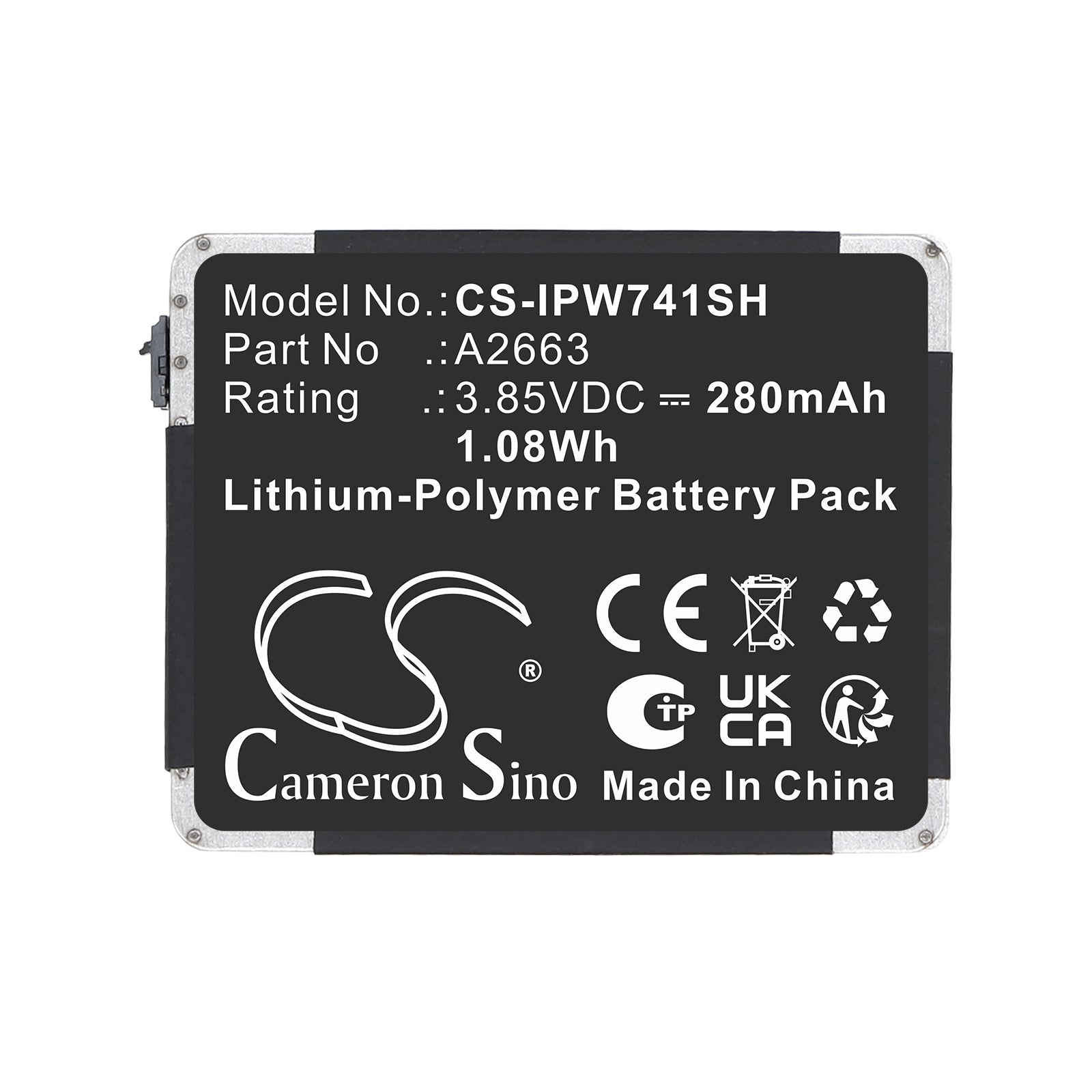 3.85V, Li-Polymer, 280mAh, Battery fits Apple A2473, A2475, 1.08Wh Smartwatch Cameron Sino Technology Limited