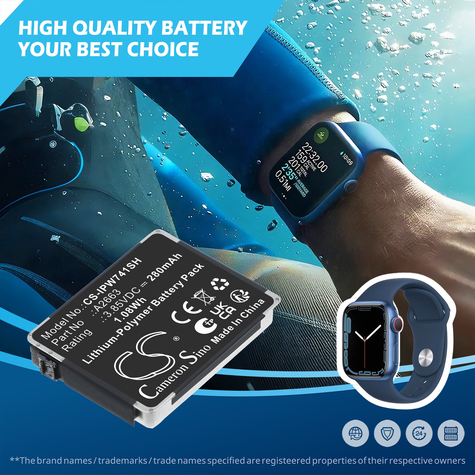 3.85V, Li-Polymer, 280mAh, Battery fits Apple A2473, A2475, 1.08Wh Smartwatch Cameron Sino Technology Limited