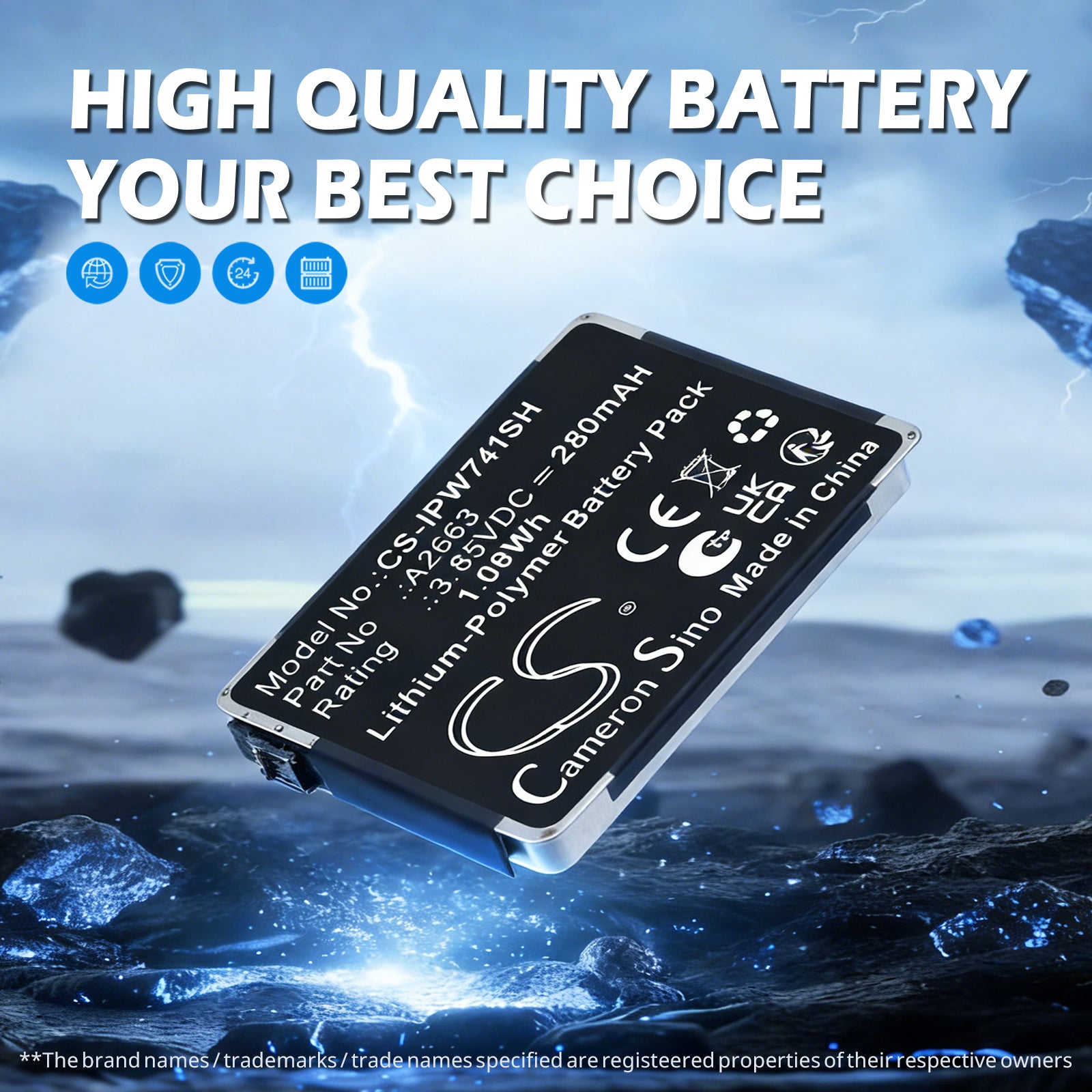 3.85V, Li-Polymer, 280mAh, Battery fits Apple A2473, A2475, 1.08Wh Smartwatch Cameron Sino Technology Limited