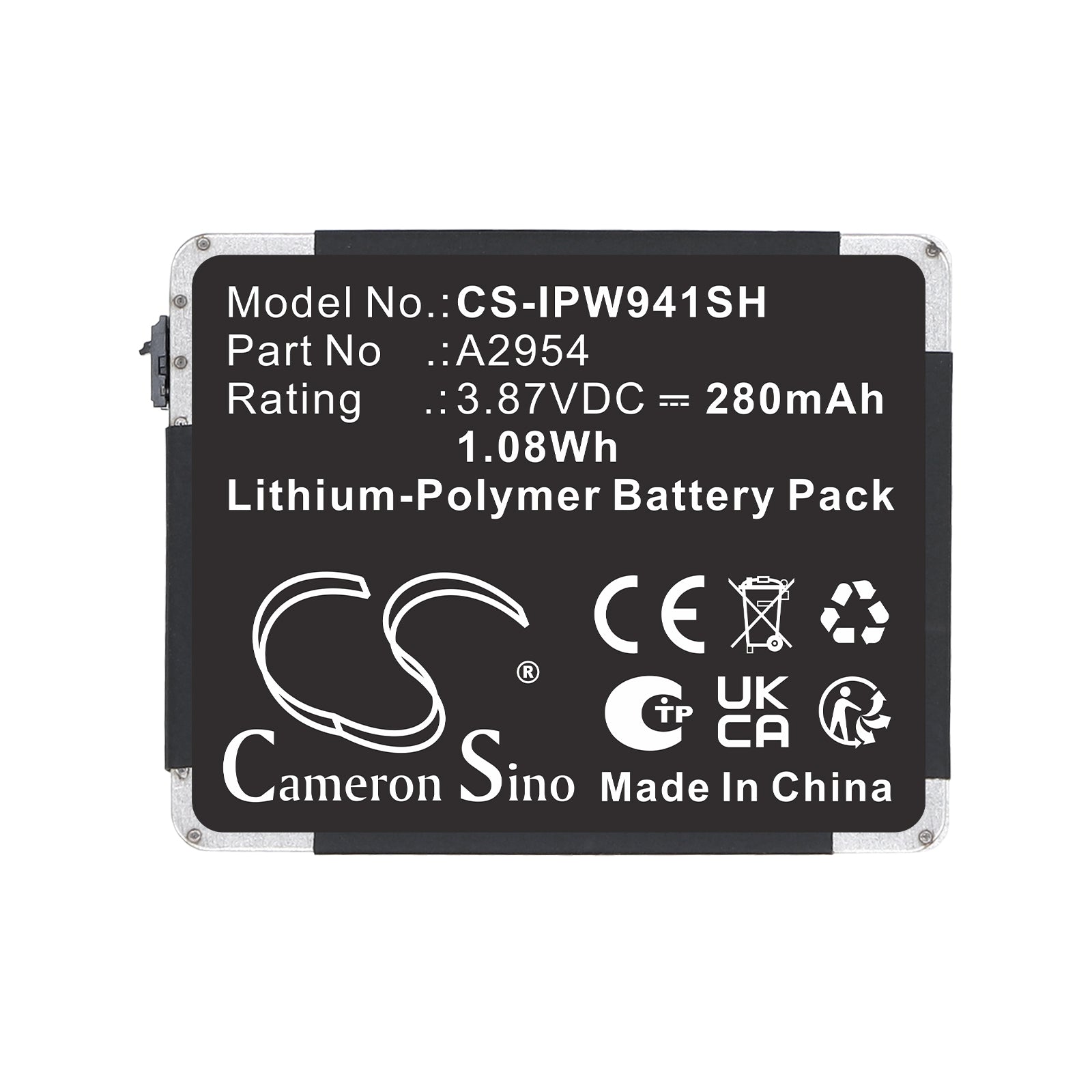 3.87V, Li-Polymer, 280mAh, Battery fits Apple MR913LL/A, Watch Series S9 41mm, 1.08Wh Smartwatch Cameron Sino Technology Limited
