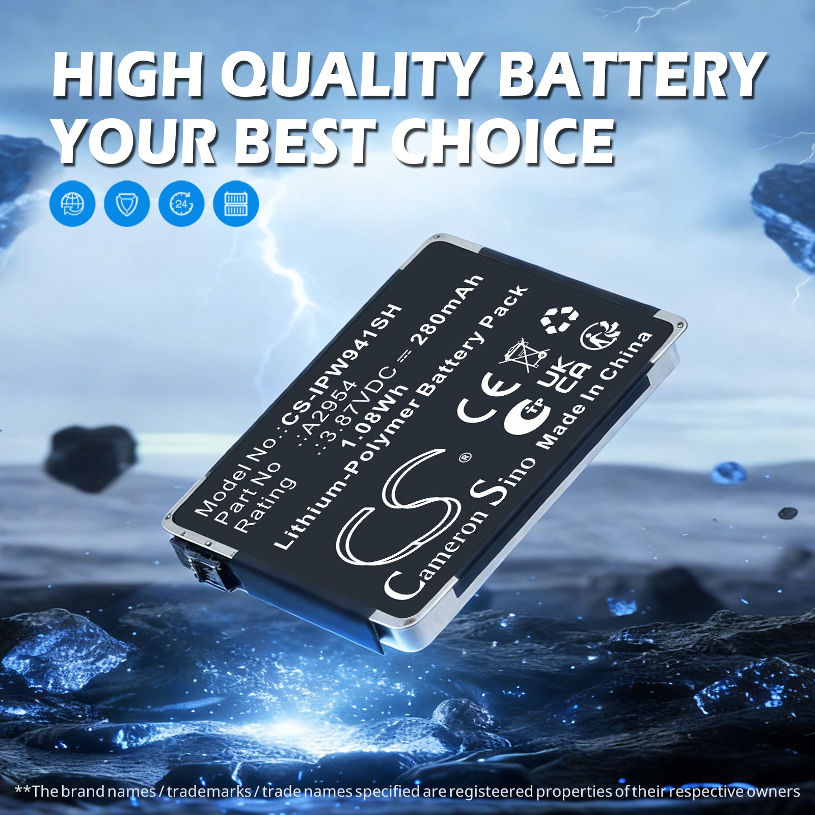 3.87V, Li-Polymer, 280mAh, Battery fits Apple MR913LL/A, Watch Series S9 41mm, 1.08Wh Smartwatch Cameron Sino Technology Limited