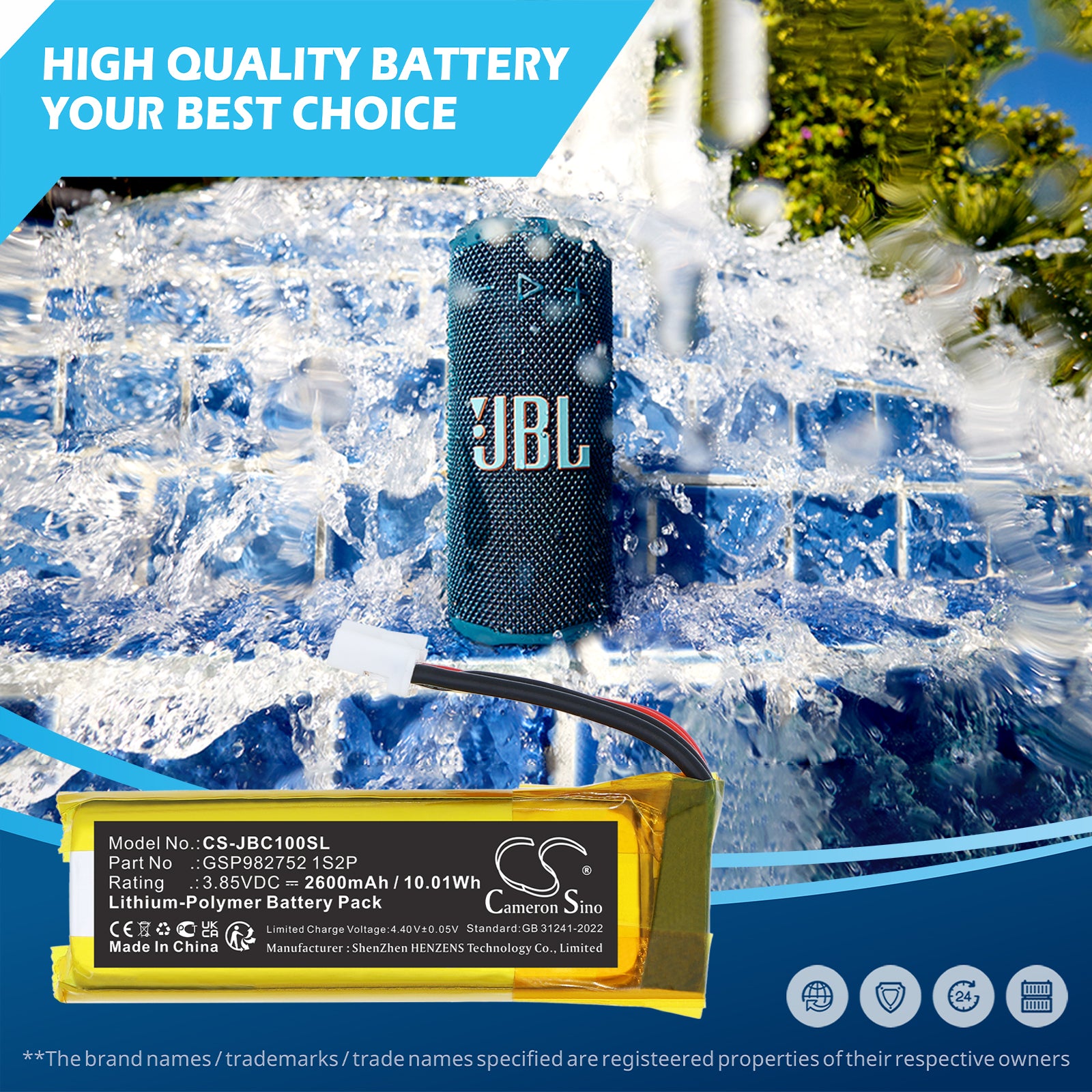 3.85V, Li-Polymer, 2600mAh, Battery fits JBL Grip, 10.01Wh Speaker Cameron Sino Technology Limited
