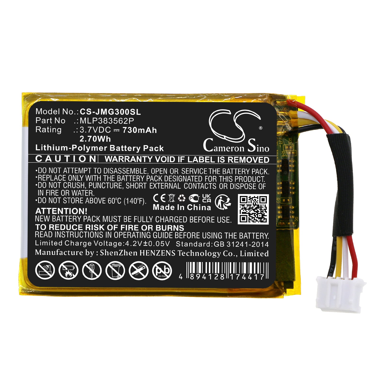 Li-Polymer, Speaker Battery fits Jbl Go 3, 3.7V, 730mAh Speaker Cameron Sino Technology Limited