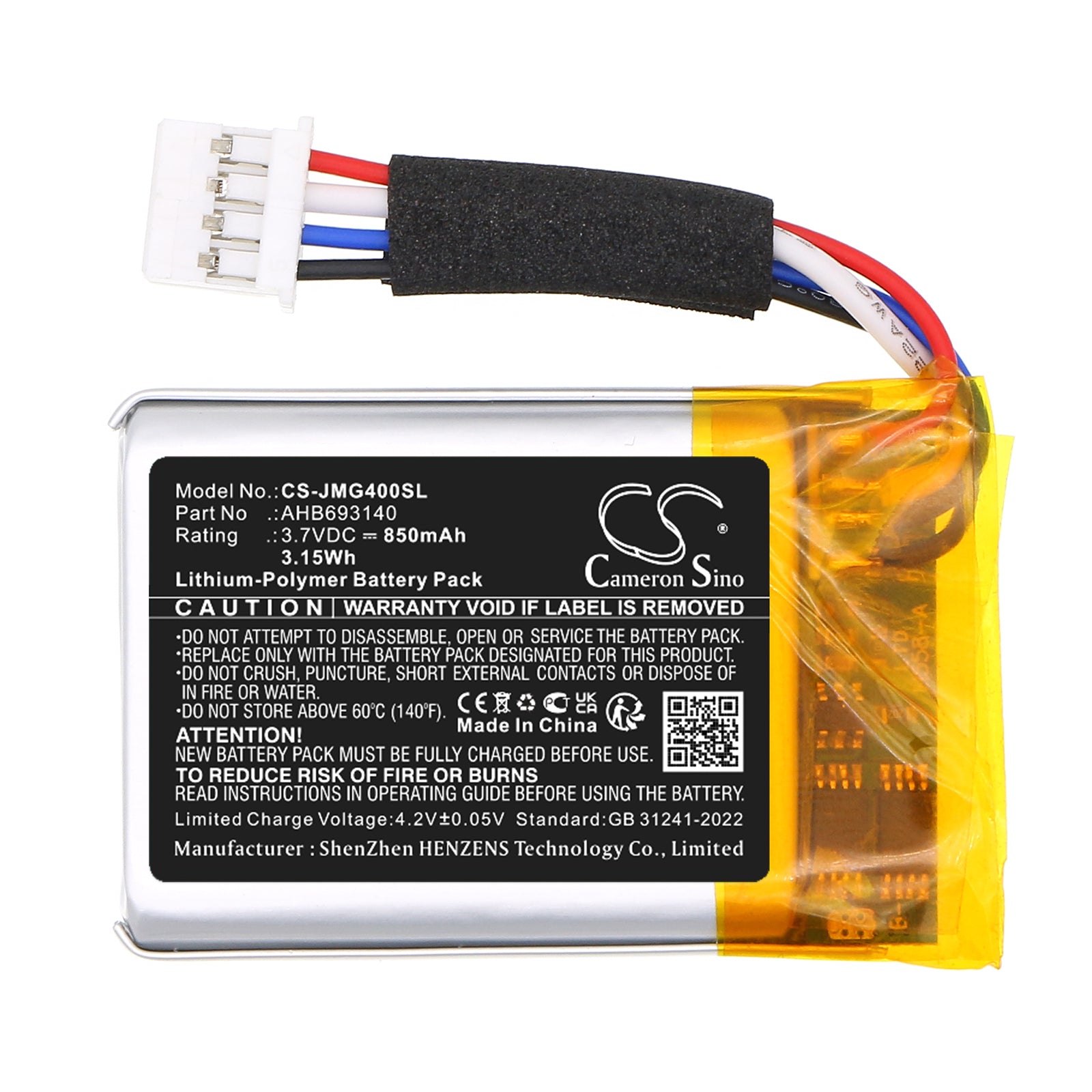 3.7V, Li-Polymer, 850mAh, Battery fits JBL Go 4, 3.15Wh Speaker Cameron Sino Technology Limited