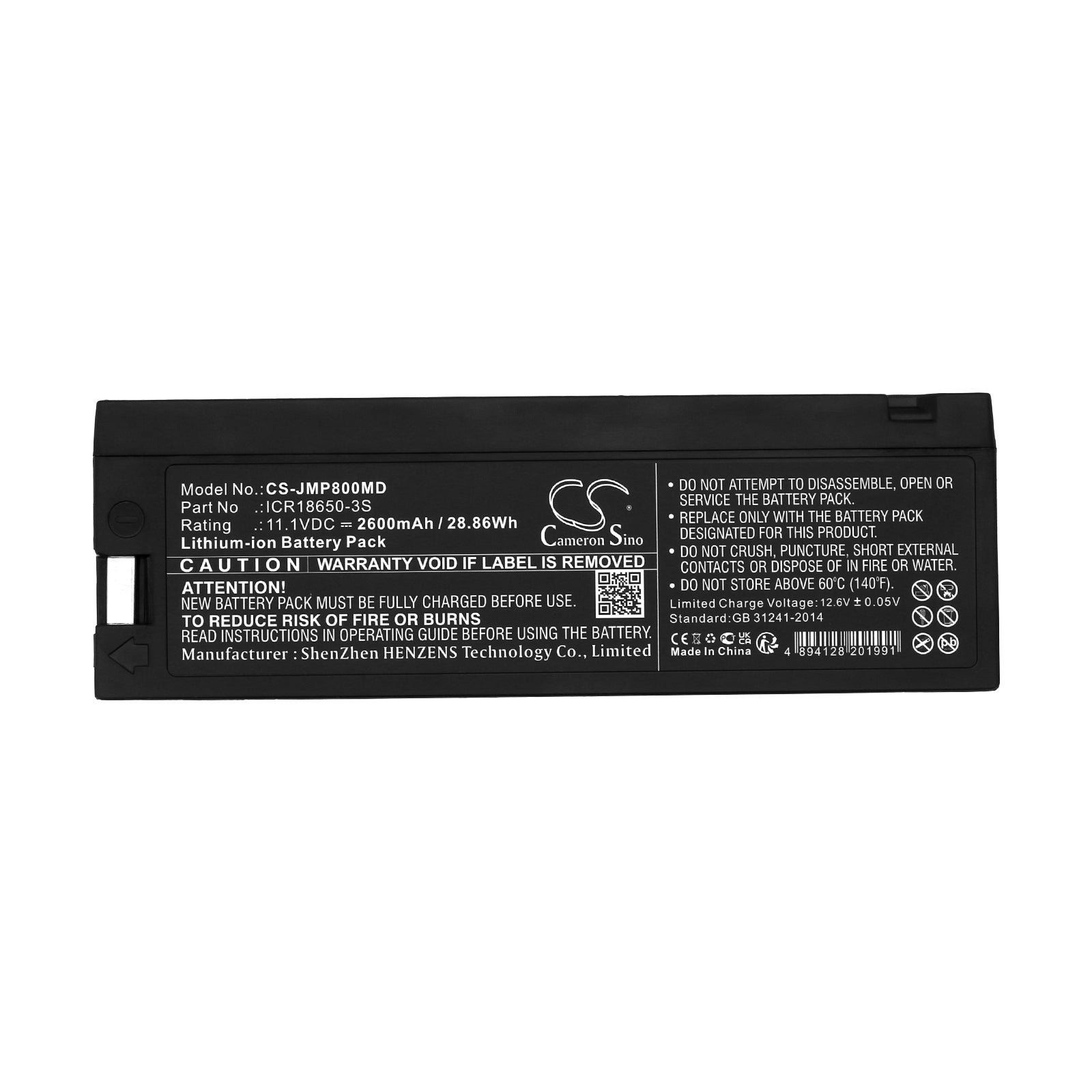 Li-ion, Medical Battery fits Jumper Jpd-800a, Jpd-800b, 11.1V, 2600mAh Medical Cameron Sino Technology Limited