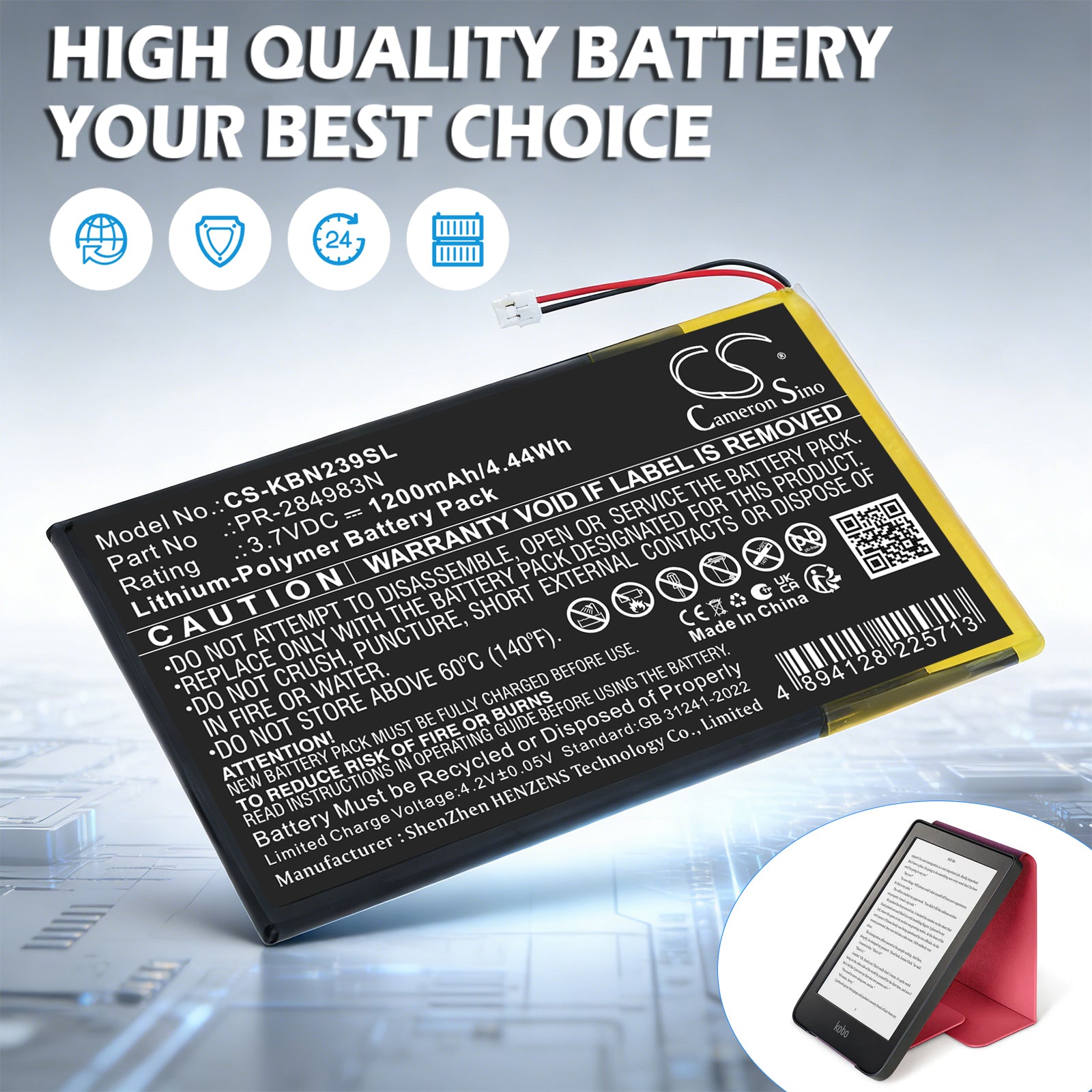 3.7V, Li-Polymer, 1200mAh, Battery fits Kobo Clara HD N249, Clara HD N239, 4.44Wh E-book, E-reader Cameron Sino Technology Limited