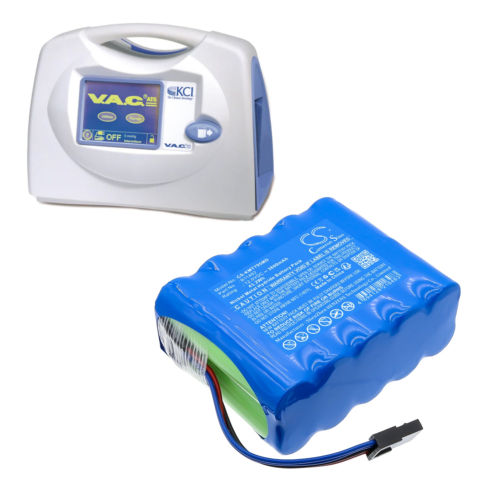 12V, Ni-MH, 3600mAh, Battery fits KCI ATS Therapy, M3252795A, 43.2Wh Medical Cameron Sino Technology Limited