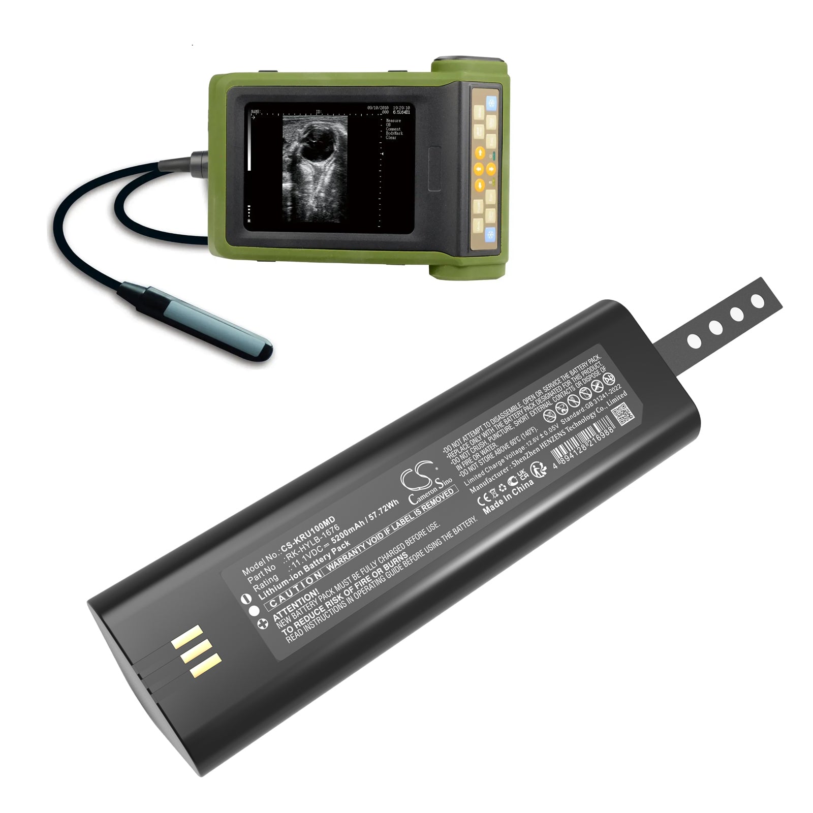 11.1V, Li-ion, 5200mAh, Battery fits KAIXIN RKU10, RKU10 veterinary ultrasound machine, 57.72Wh Medical Cameron Sino Technology Limited