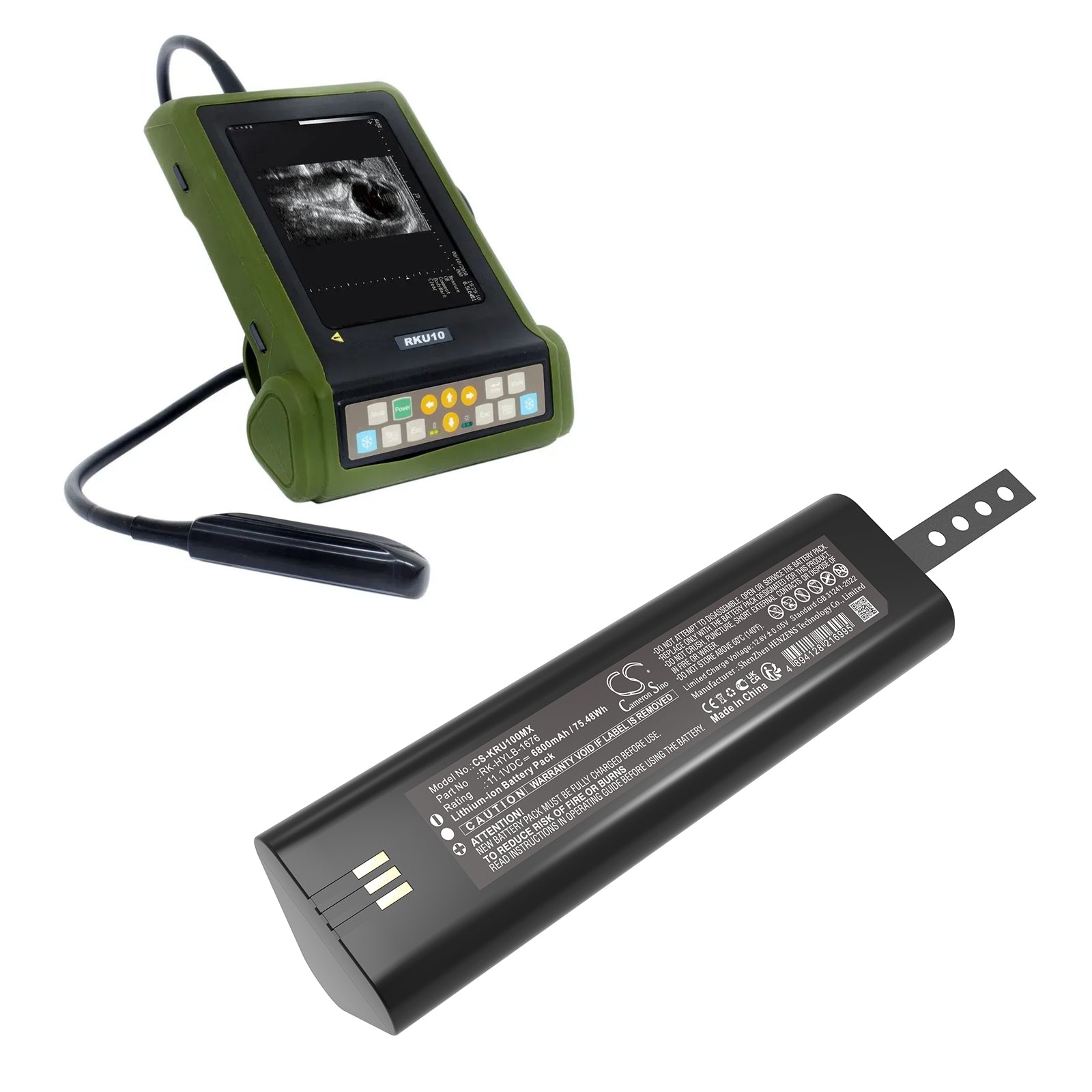 11.1V, Li-ion, 6800mAh, Battery fits KAIXIN RKU10, RKU10 veterinary ultrasound machine, 75.48Wh Medical Cameron Sino Technology Limited