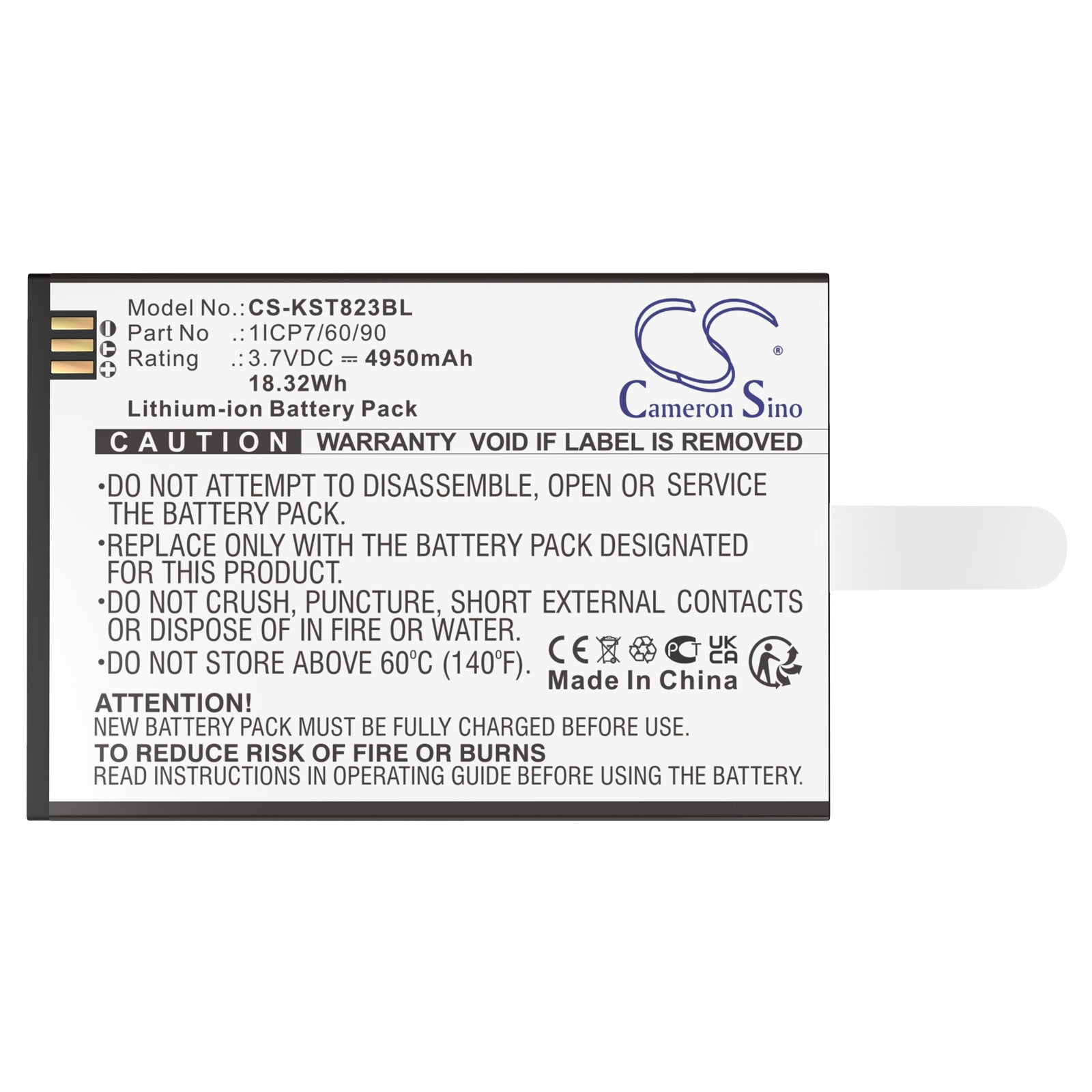 3.7V, Li-ion, 4950mAh, Battery fits Szzt KS8223, 18.32Wh Payment Terminal Cameron Sino Technology Limited