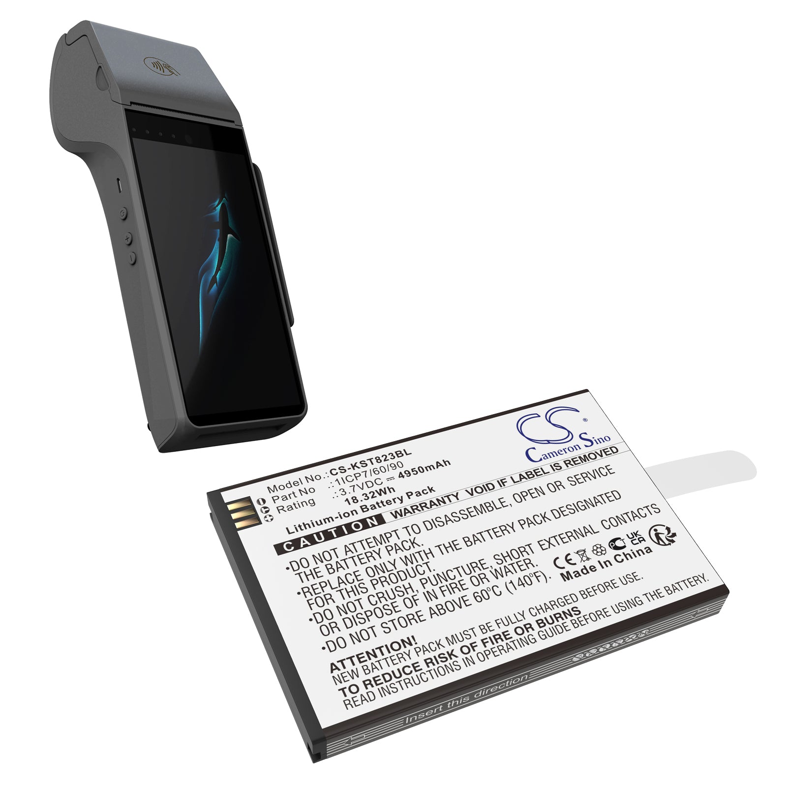 3.7V, Li-ion, 4950mAh, Battery fits Szzt KS8223, 18.32Wh Payment Terminal Cameron Sino Technology Limited