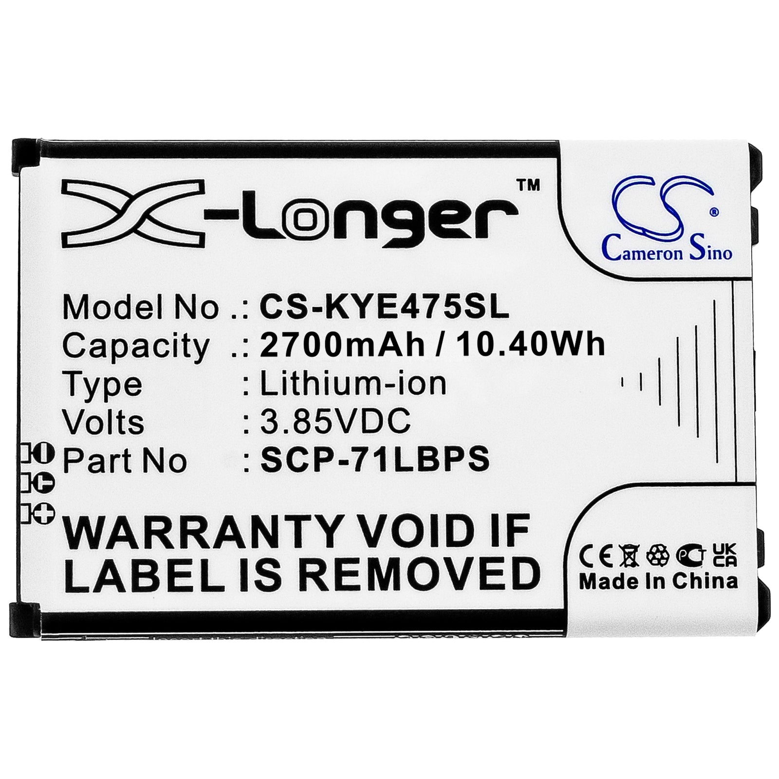 Li-ion, Mobile, SmartPhone Battery fits Kyocera Duratr, E4750, 3.85V, 2700mAh Mobile, SmartPhone Cameron Sino Technology Limited