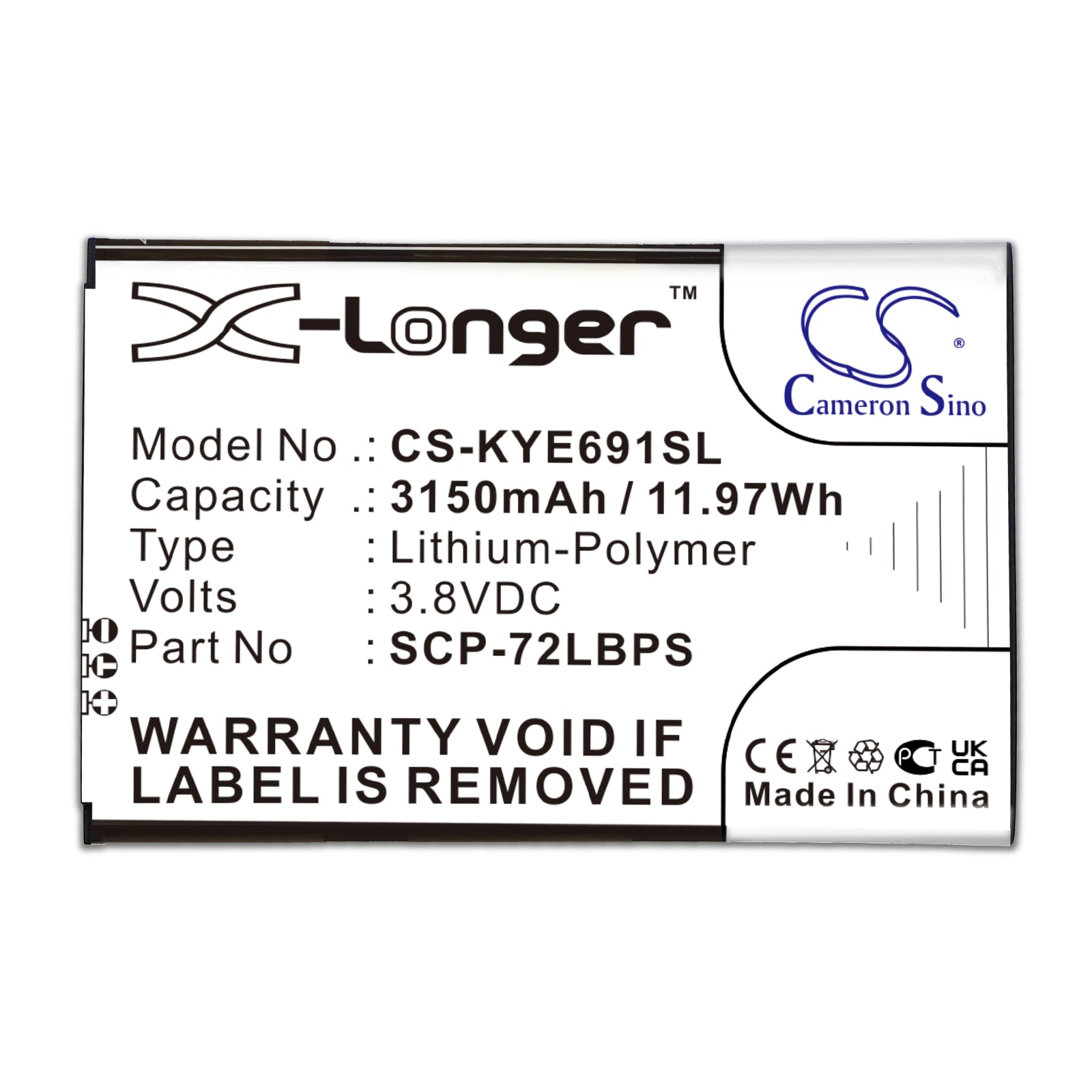 Li-Polymer, Mobile, SmartPhone Battery fits Kyocera Duraforce Pro 2, E6910, 3.8V, 3150mAh Mobile, SmartPhone Cameron Sino Technology Limited