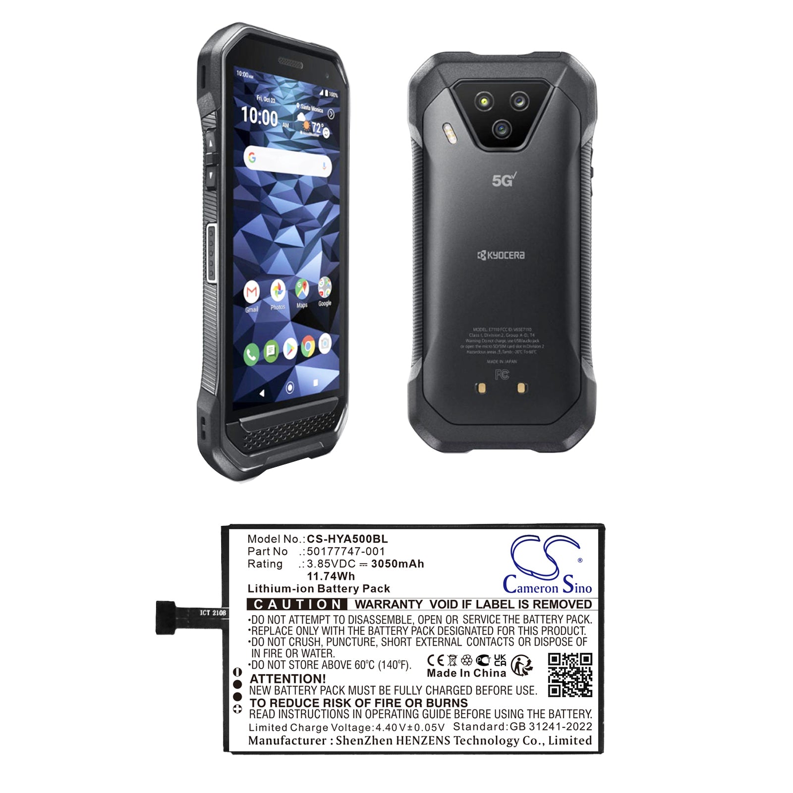 3.85V, Li-ion, 4500mAh, Battery fits Kyocera DuraForce Ultra 5G, Duraforce Ultra 5G UW, 17.33Wh Mobile, SmartPhone Cameron Sino Technology Limited