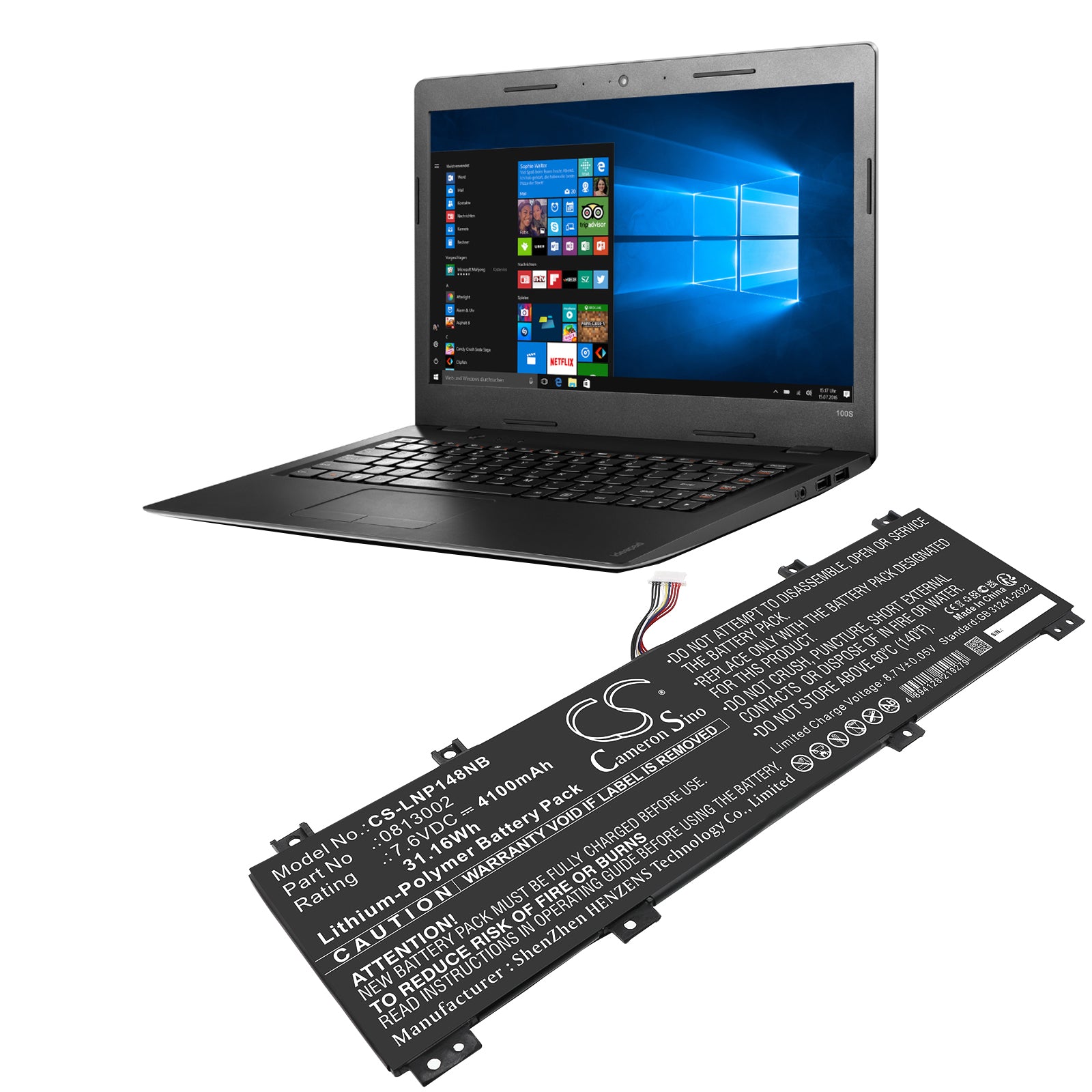 7.6V, Li-Polymer, 4100mAh, Battery fits Lenovo IdeaPad 100S-14IBR, IdeaPad 100S-14IBR 80R9, 31.16Wh Notebook, Laptop Cameron Sino Technology Limited