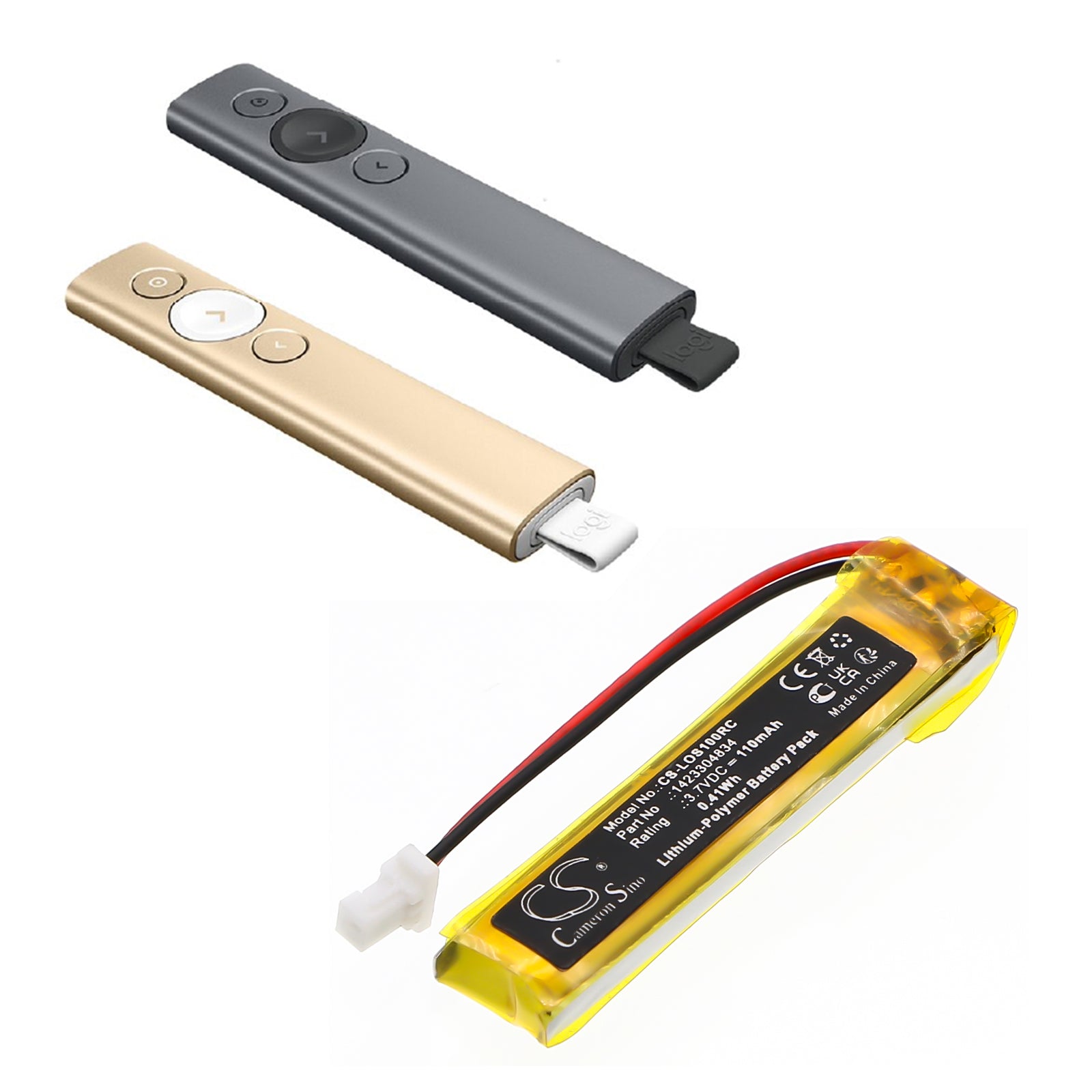 3.7V, Li-Polymer, 110mAh, Battery fits Logitech Spotlight Presentation Remote, 0.41Wh Remote Control Cameron Sino Technology Limited