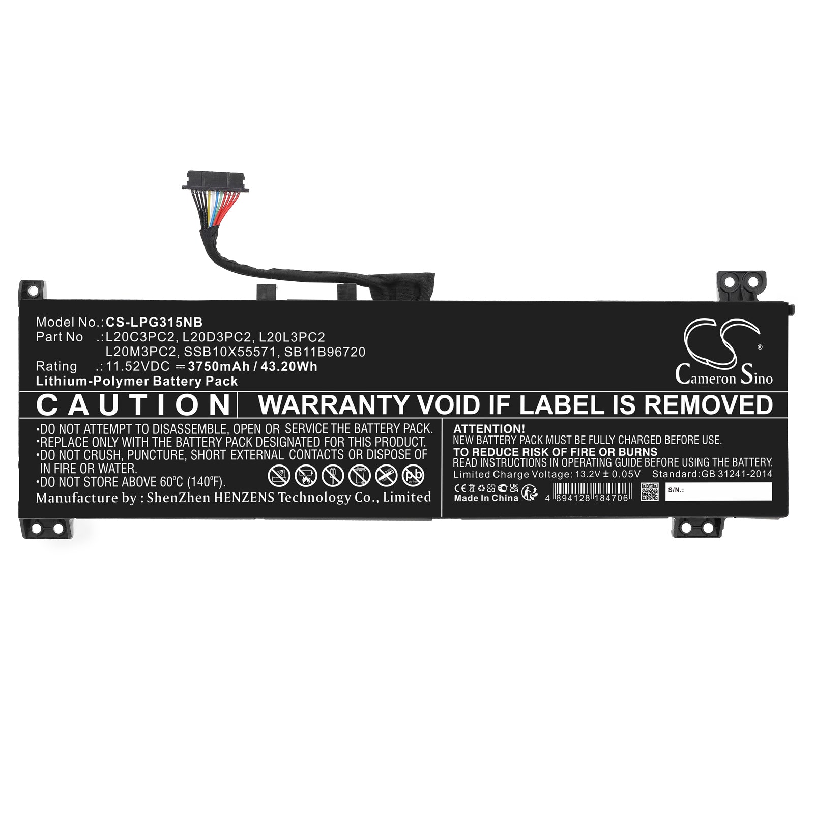Li-Polymer, Notebook, Laptop Battery fits Lenovo Ideapad 3 Gaming 15ach6 82k201, Ideapad G Gaming 3 15ach6 82k2, 11.52V, 3750mAh Notebook, Laptop Cameron Sino Technology Limited