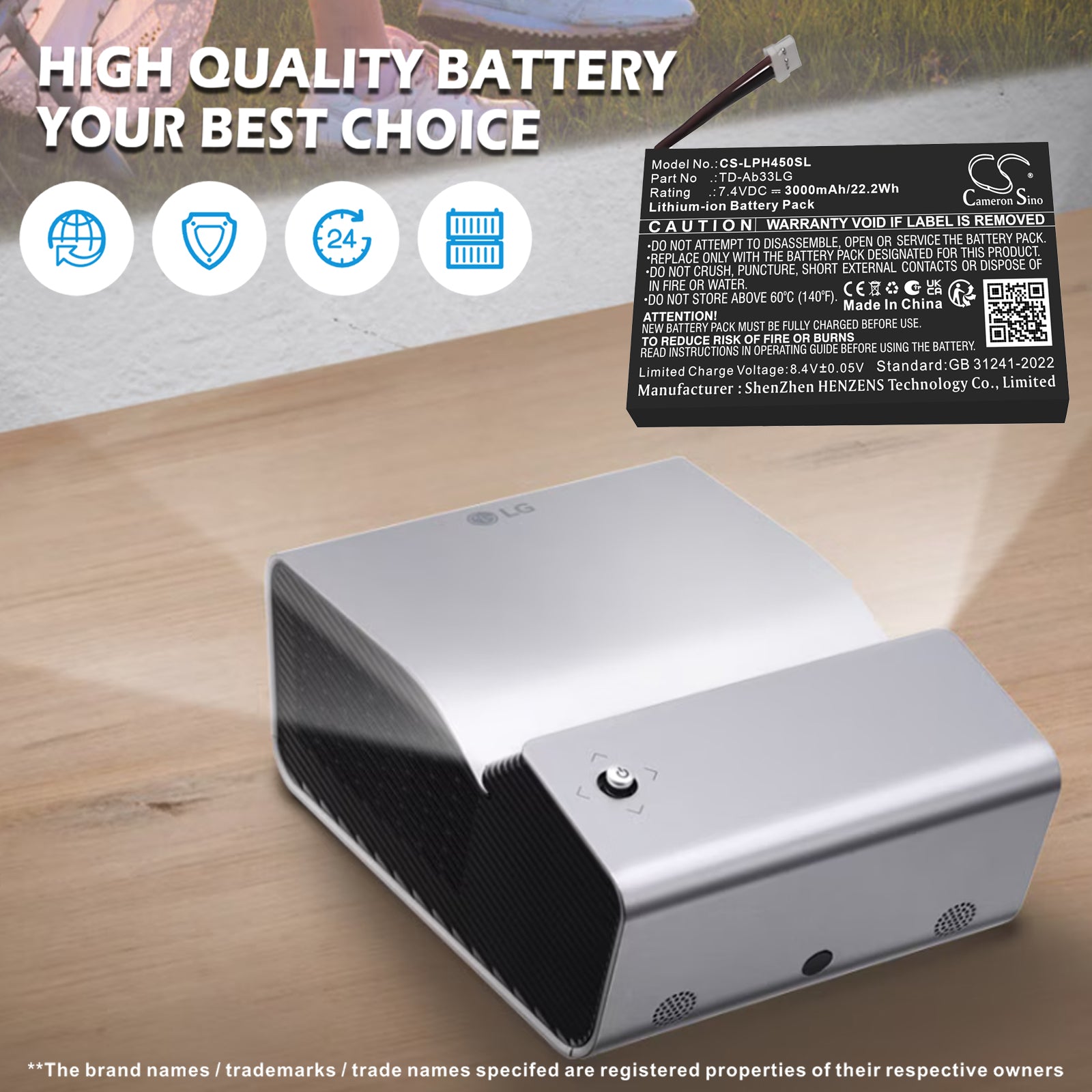 7.4V, Li-ion, 3000mAh, Battery fits LG PH450U, PH450UG, 22.2Wh Projector Cameron Sino Technology Limited
