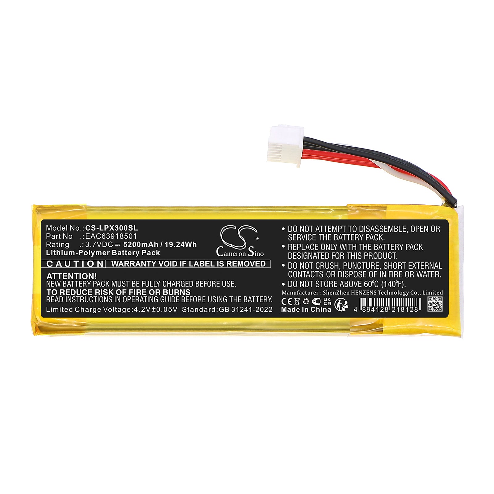 3.7V, Li-Polymer, 5200mAh, Battery fits LG PK3, PK3-N, 19.24Wh Speaker Cameron Sino Technology Limited