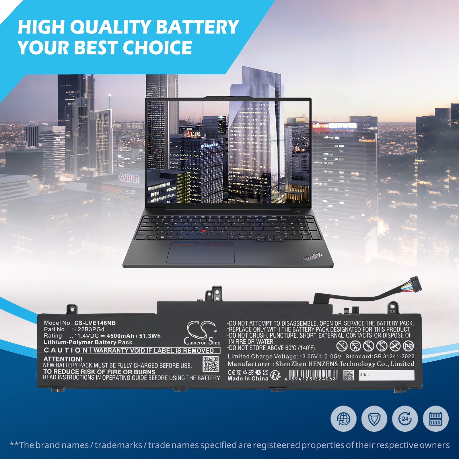 11.4V, Li-Polymer, 4500mAh, Battery fits Lenovo ThinkPad E14 Gen 6, ThinkPad E16 G1 Core i5-1335U, 51.3Wh Notebook, Laptop Cameron Sino Technology Limited