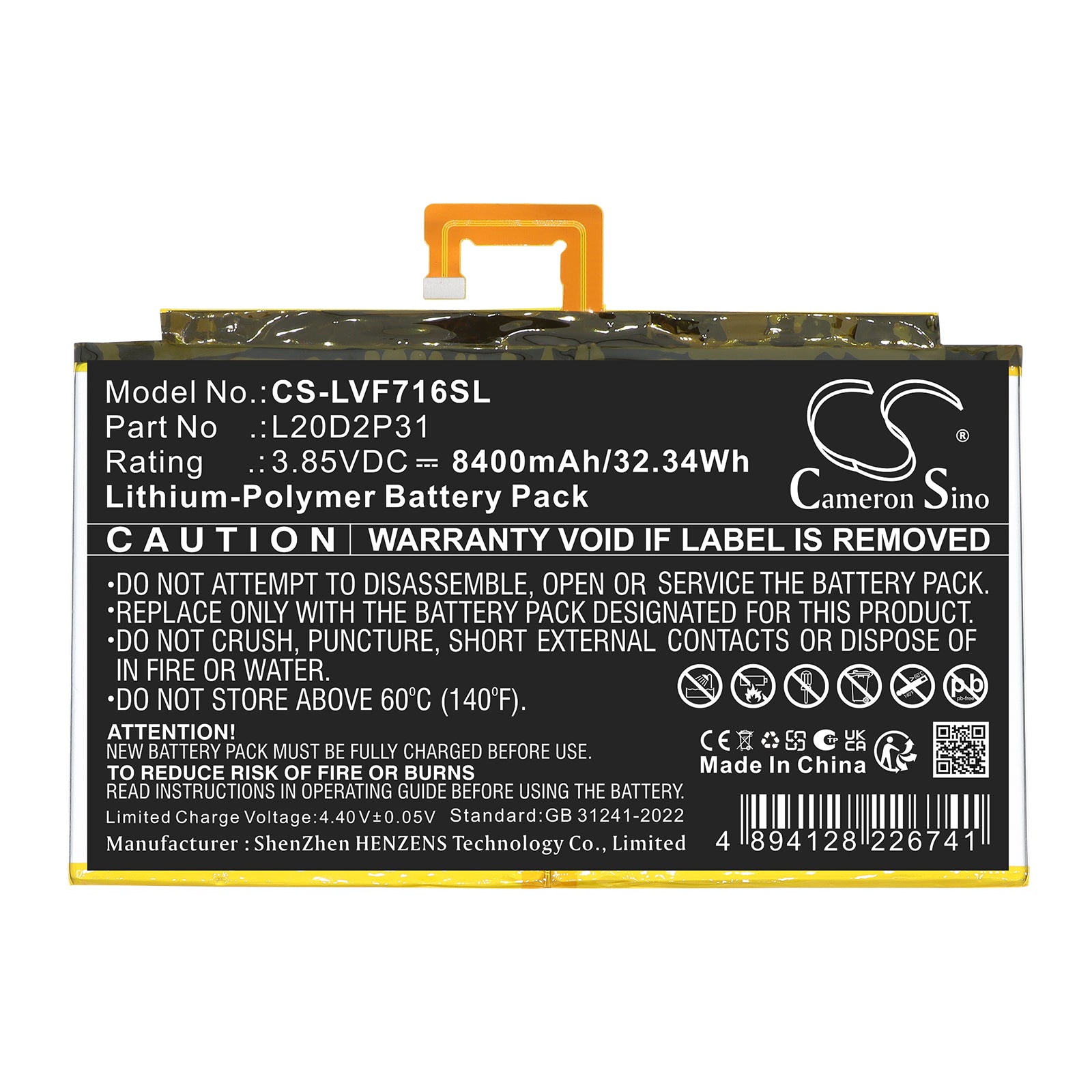 3.85V, Li-Polymer, 8400mAh, Battery fits Lenovo Pad Pro 2021, TB-J706F, 32.34Wh Tablet Cameron Sino Technology Limited