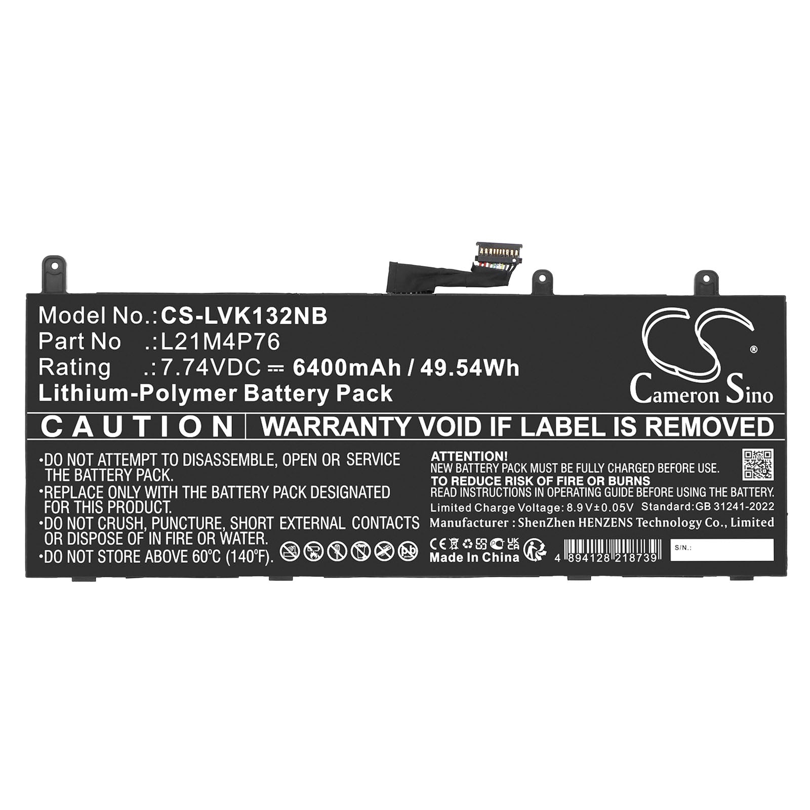 7.74V, Li-Polymer, 6400mAh, Battery fits Lenovo ThinkPad X13S GEN 1-21BX000EHV, ThinkPad X13S GEN 1-21BX000GSC, 49.54Wh Notebook, Laptop Cameron Sino Technology Limited