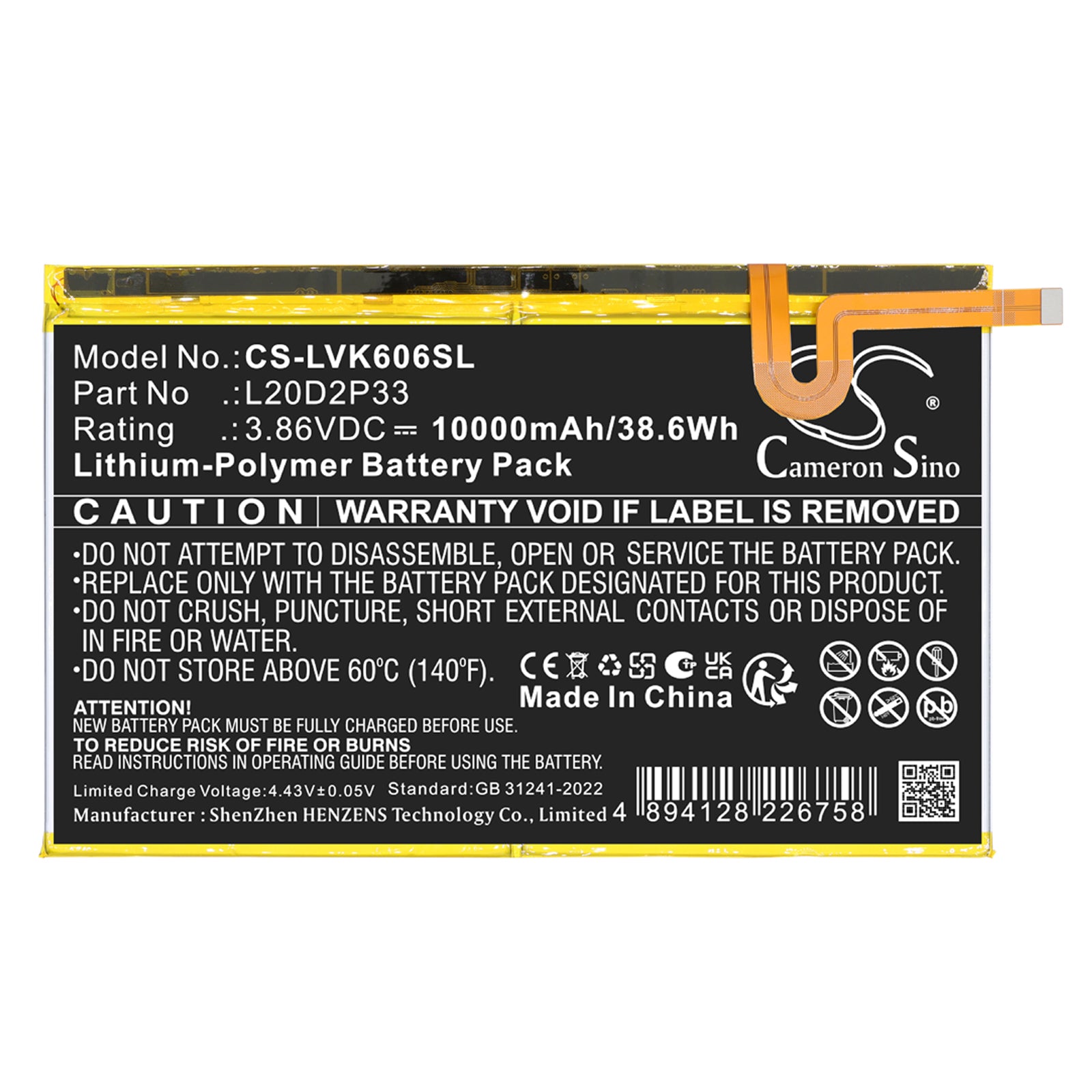 3.86V, Li-Polymer, 10000mAh, Battery fits Lenovo Yoga Pad Pro, YT-K606FW, 38.6Wh Tablet Cameron Sino Technology Limited