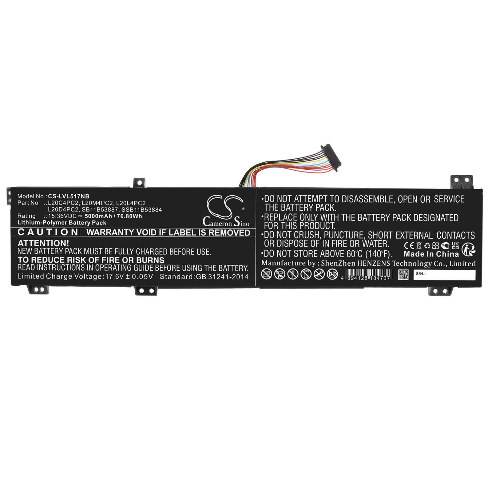 Li-Polymer, Notebook, Laptop Battery fits Lenovo Legion 5 17ach6-82jy005tus, Legion 5 17ach6-82k00002kr, 15.36V, 5000mAh Notebook, Laptop Cameron Sino Technology Limited