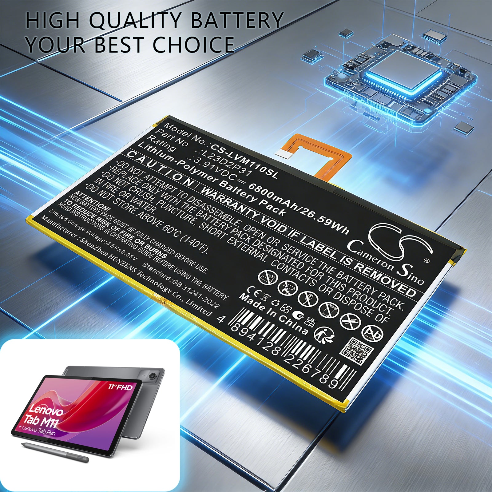 3.91V, Li-Polymer, 6800mAh, Battery fits Lenovo Pad 2024 TB331FC, Pad 2024 TB331FU, 26.59Wh Tablet Cameron Sino Technology Limited