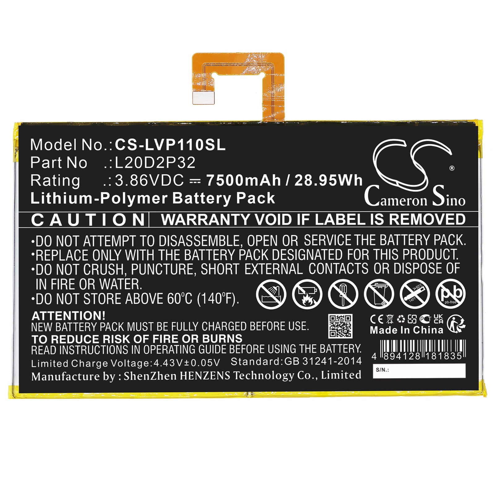 Li-Polymer, Tablet Battery fits Lenovo Tab P11, Tab P11 5g, 3.86V, 7500mAh Tablet Cameron Sino Technology Limited