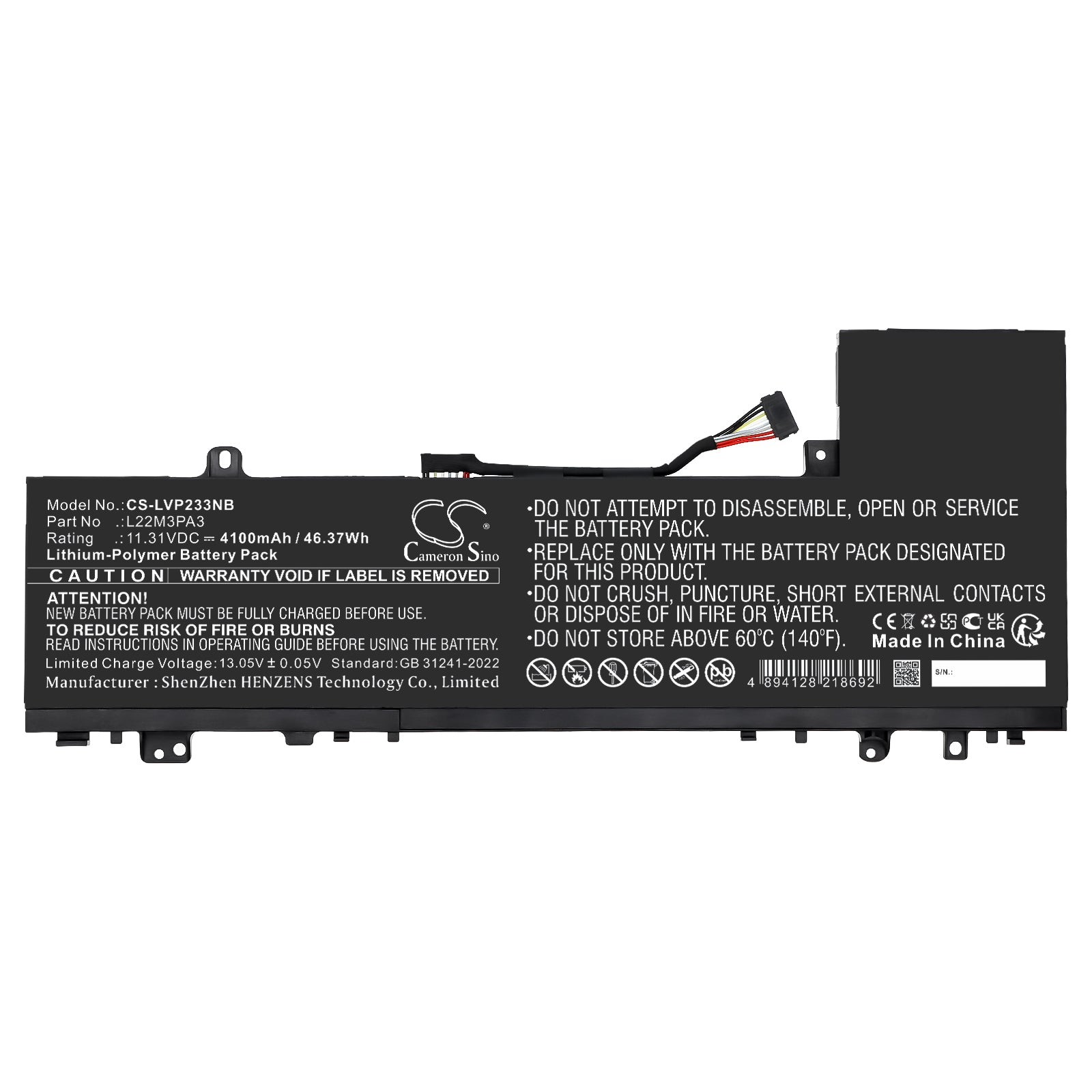 11.31V, Li-Polymer, 4100mAh, Battery fits Lenovo IdeaPad Slim 5 14ABR8 82XE0001RK, IdeaPad Slim 5 14ABR8 82XE0002RK, 46.37Wh Notebook, Laptop Cameron Sino Technology Limited