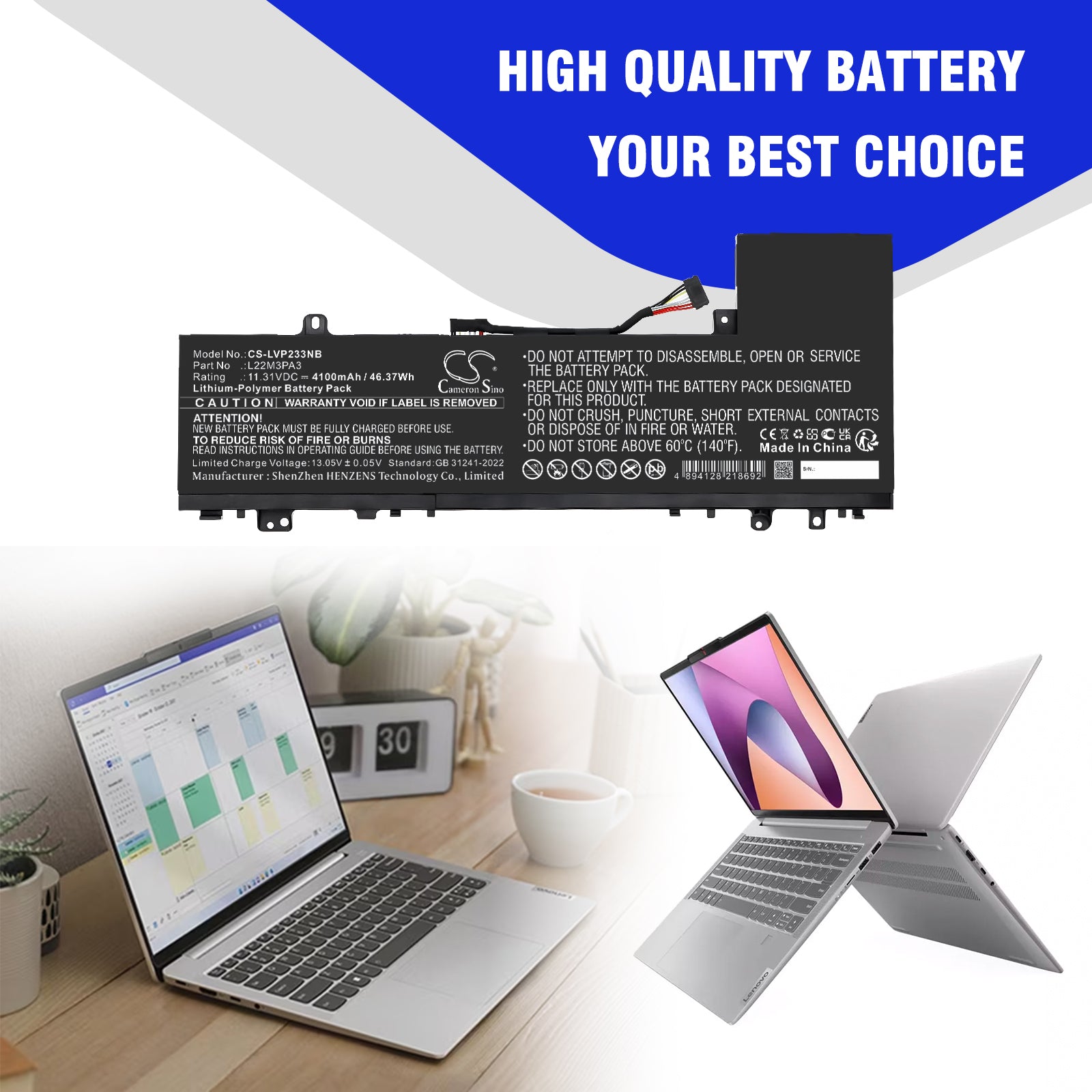 11.31V, Li-Polymer, 4100mAh, Battery fits Lenovo IdeaPad Slim 5 14ABR8 82XE0001RK, IdeaPad Slim 5 14ABR8 82XE0002RK, 46.37Wh Notebook, Laptop Cameron Sino Technology Limited