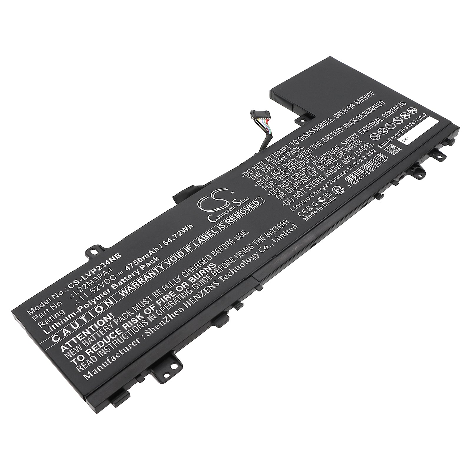 11.52V, Li-Polymer, 4750mAh, Battery fits Lenovo IdeaPad Slim 5 14ABR8 82XE0001RK, IdeaPad Slim 5 14ABR8 82XE0002RK, 54.72Wh Notebook, Laptop Cameron Sino Technology Limited
