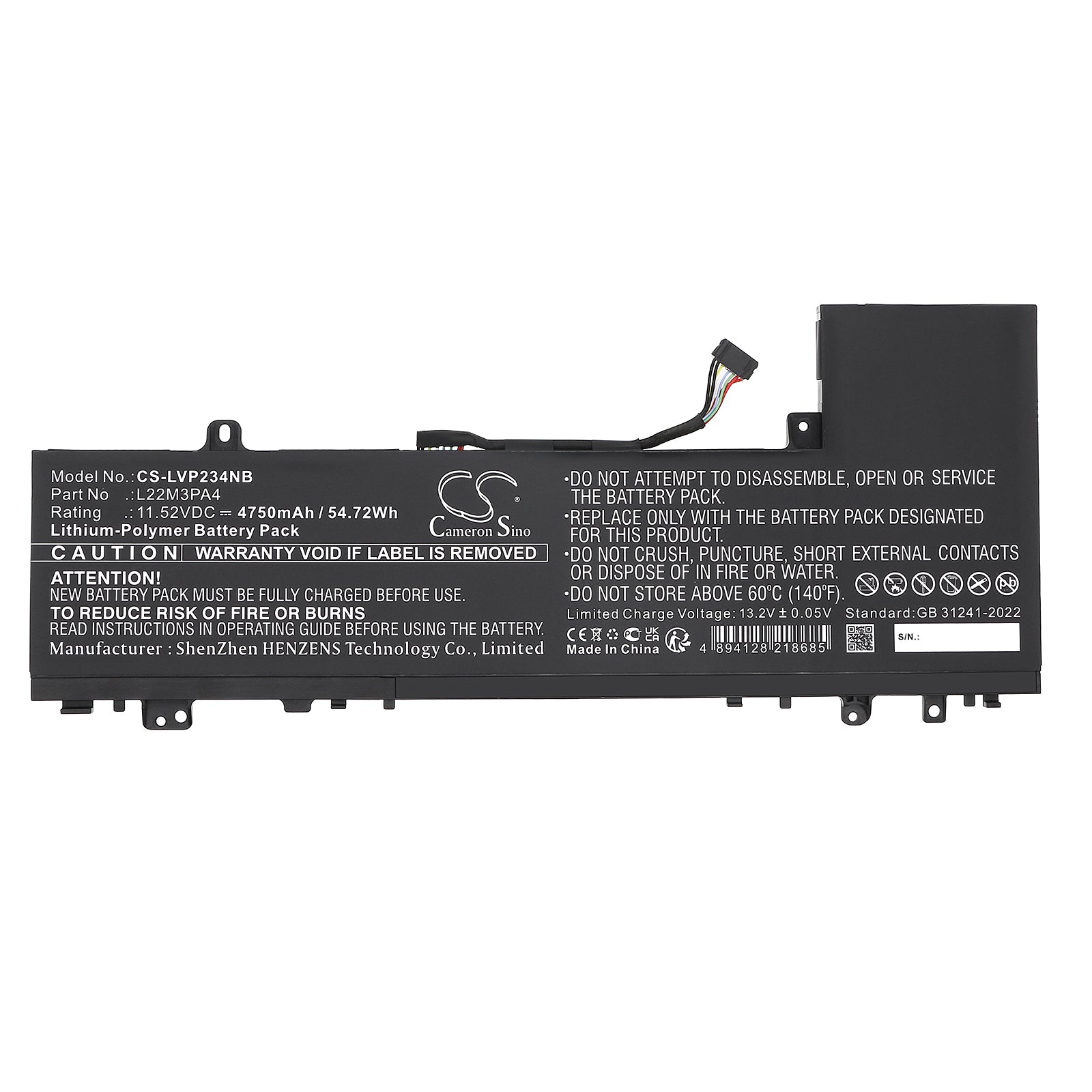 11.52V, Li-Polymer, 4750mAh, Battery fits Lenovo IdeaPad Slim 5 14ABR8 82XE0001RK, IdeaPad Slim 5 14ABR8 82XE0002RK, 54.72Wh Notebook, Laptop Cameron Sino Technology Limited