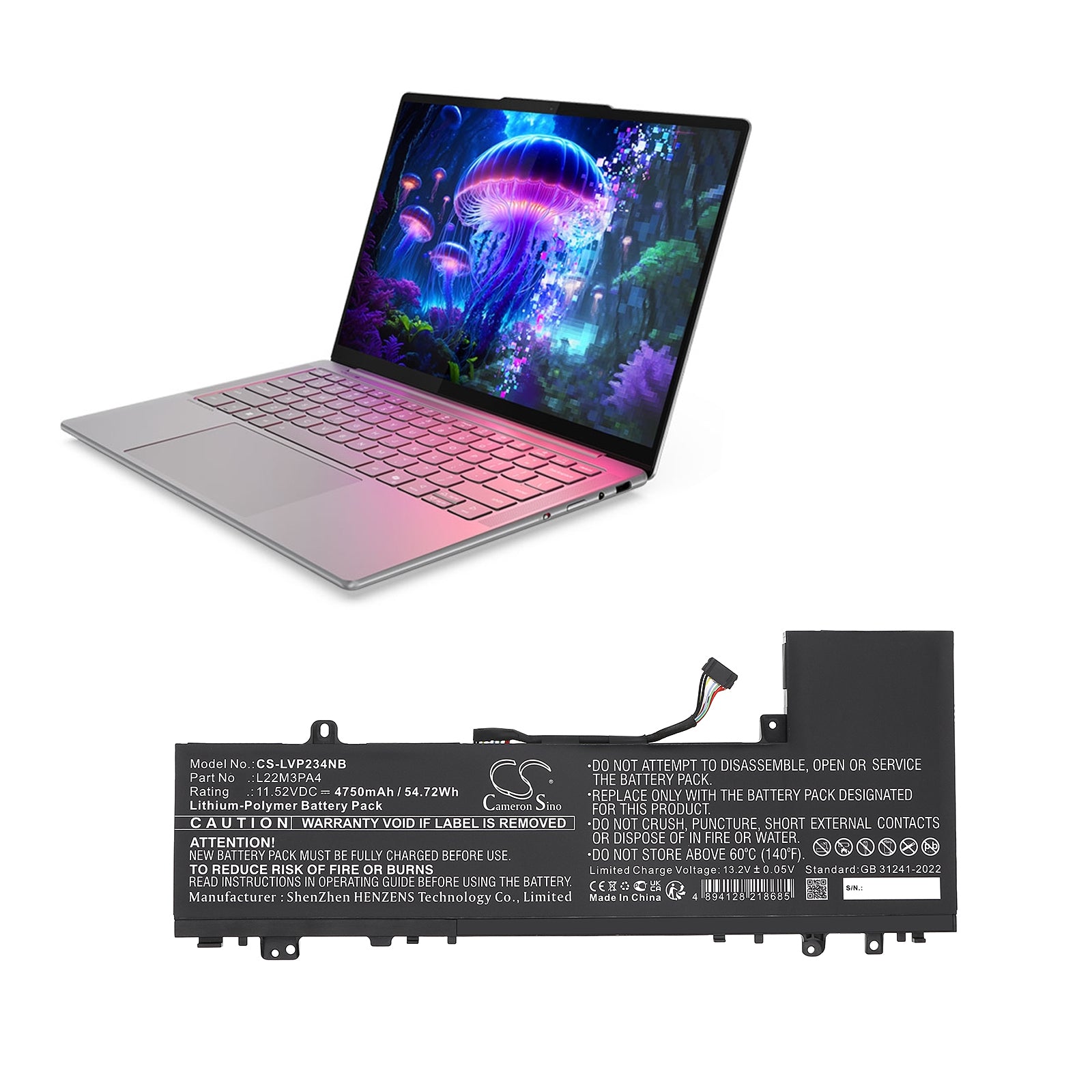 11.52V, Li-Polymer, 4750mAh, Battery fits Lenovo IdeaPad Slim 5 14ABR8 82XE0001RK, IdeaPad Slim 5 14ABR8 82XE0002RK, 54.72Wh Notebook, Laptop Cameron Sino Technology Limited