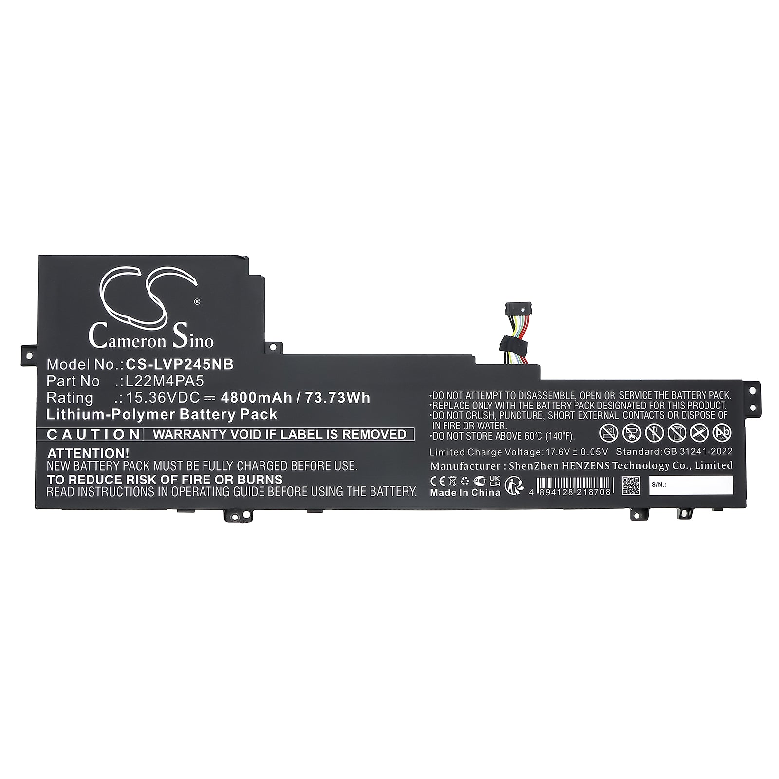 15.36V, Li-Polymer, 4800mAh, Battery fits Lenovo IdeaPad Slim 5 16ABR8, IdeaPad Slim 5 16ABR8 82XG0001RK, 73.73Wh Notebook, Laptop Cameron Sino Technology Limited